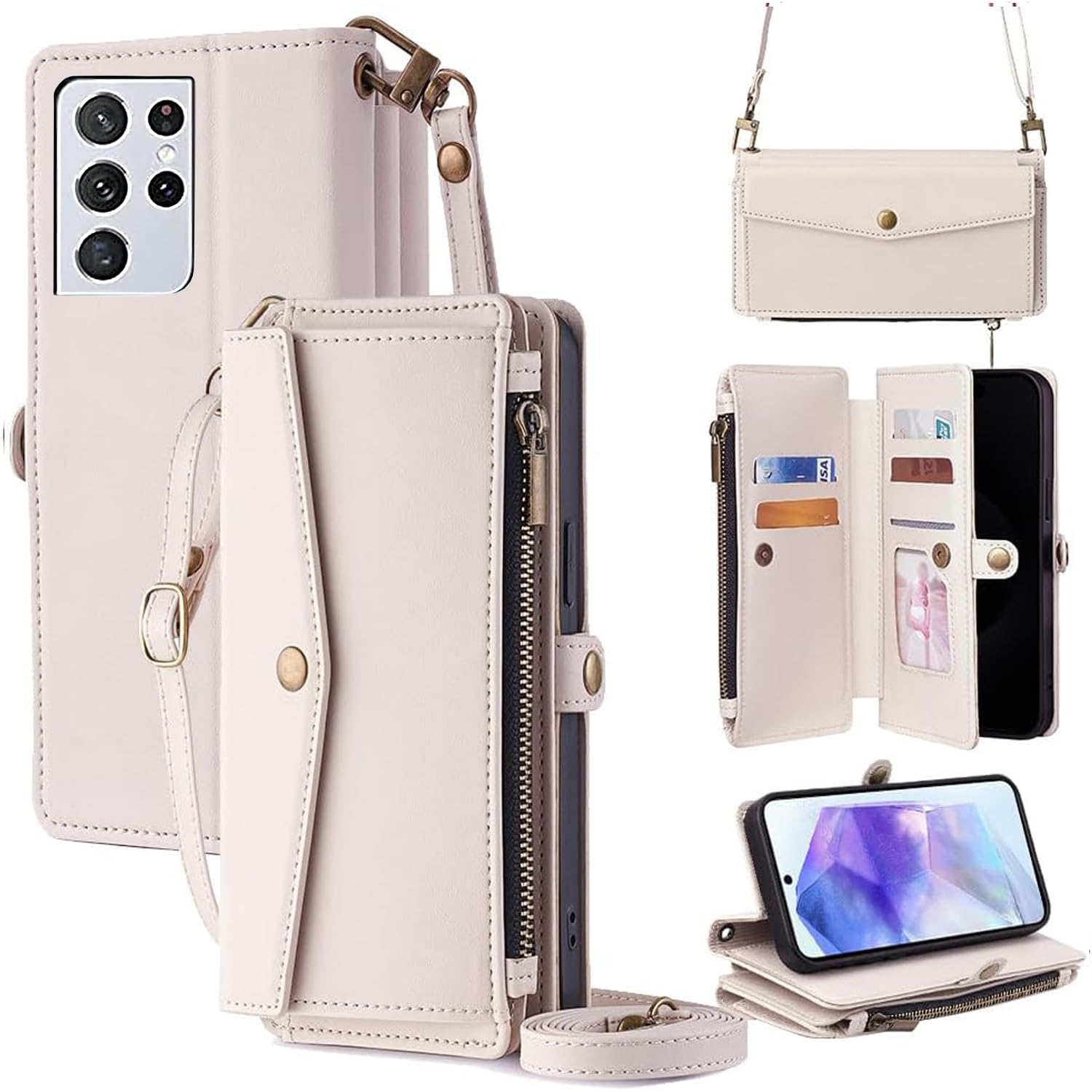 For Galaxy S21 Ultra ケース 財布型 For ギャラクシーS21 Ultra 5G SC-52B 手帳型 ショルダー ストラップ長+短2本 5枚カード収納 1枚の写真収納スタンド機能 1枚の現金収納 1つのジッパーポケット 防落・