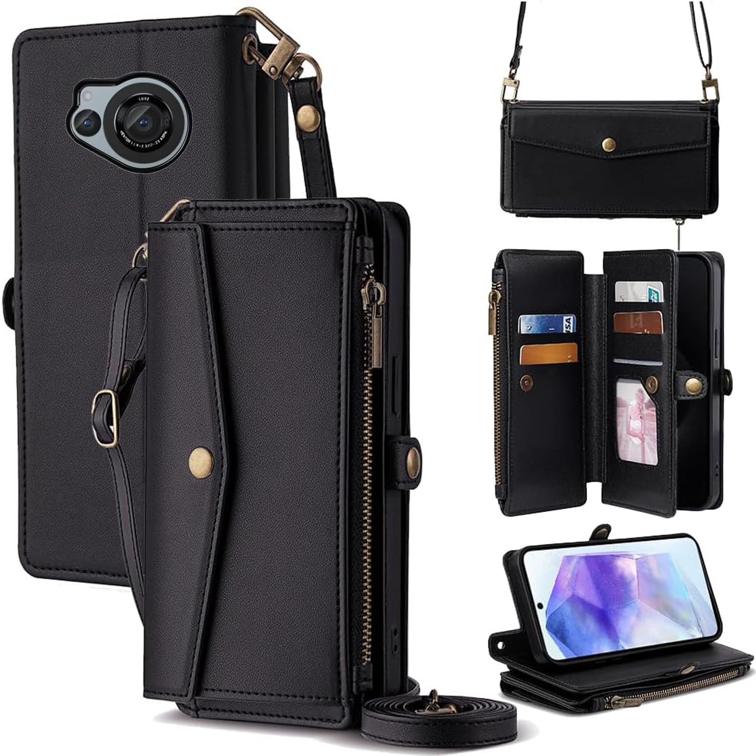 For AQUOS R8 ケース 財布型 For アクオスR8 SH-52D 手帳型 ショルダー ストラップ長+短2本 5枚カード収納 1枚の写真収納スタンド機能 1枚の現金収納 1つのジッパーポケット 防落・防コケ・防ひび PU
