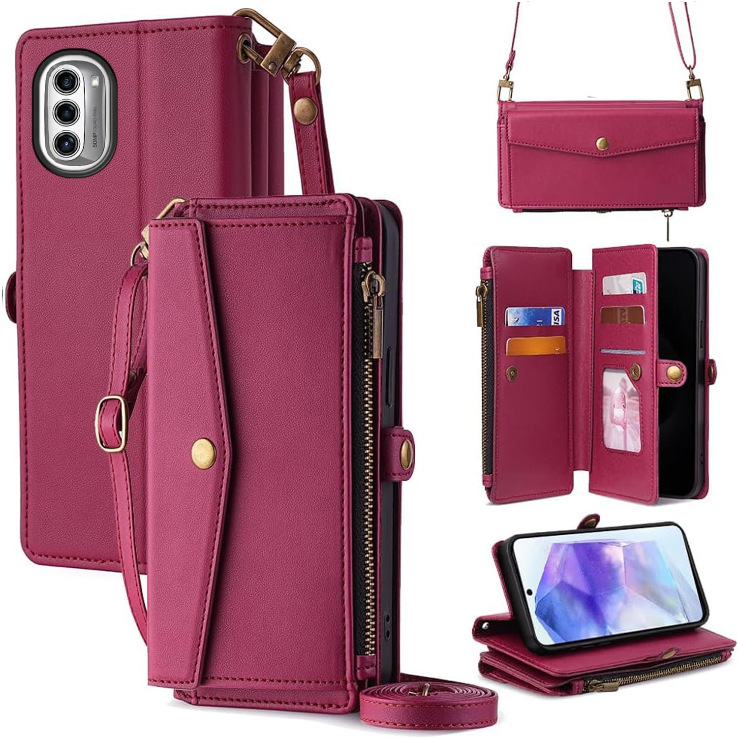 For MOTO G52J ケース 財布型 For MOTO g52j II 5g 手帳型 ショルダー ストラップ長+短2本 5枚カード収納 1枚の写真収納スタンド機能 1枚の現金収納 1つのジッパーポケット 防落・防コケ・防ひび PUレ