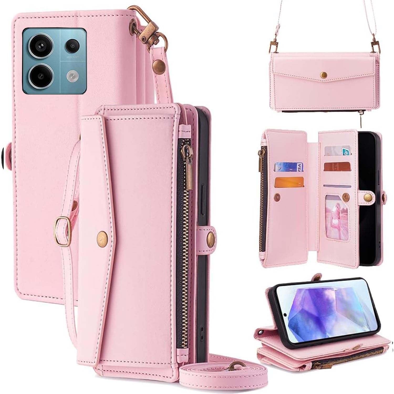 For Redmi Note 13 Pro 5g ケース 財布型 For レッドミーノート 13 プロ 5G 手帳型 ショルダー ストラップ長+短2本 5枚カード収納 1枚の写真収納スタンド機能 1枚の現金収納 1つのジッパーポケット 防