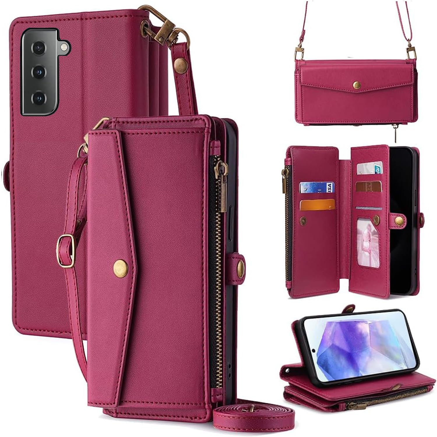 For Galaxy S21 ケース 財布型 For ギャラクシー S21 SC-51B/SCG09 手帳型 ショルダー ストラップ長+短2本 5枚カード収納 1枚の写真収納スタンド機能 1枚の現金収納 1つのジッパーポケット 防落・防コ 4,537円