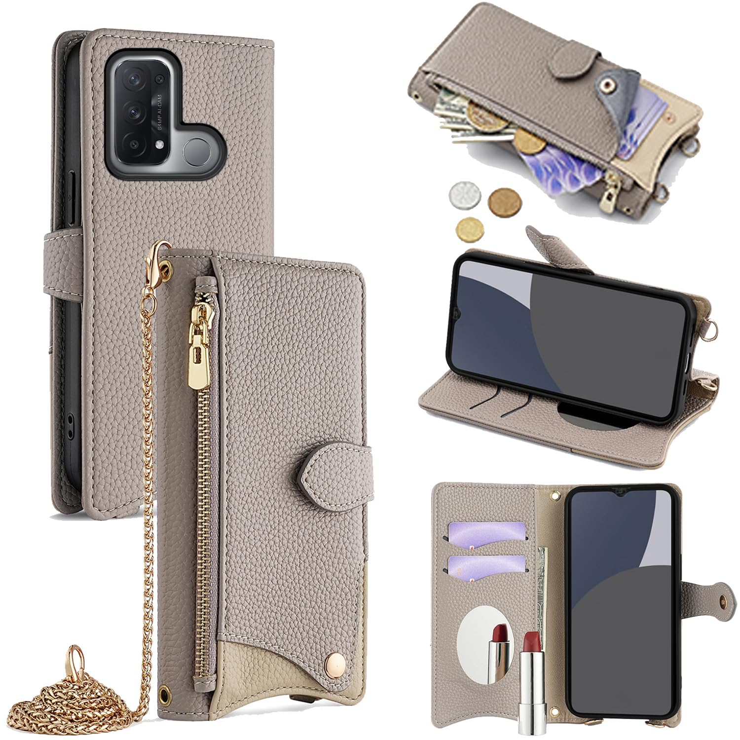 For OPPO Reno 5A ケース 手帳型 ショルダー For オッポレノ 5A カバー 財布型 肩掛け 横+縦 2掛け方 斜めがけ 化粧鏡付き おしゃれ ジッパー小銭入れ カード収納 横置き ロングストラップ 耐汚れ PU