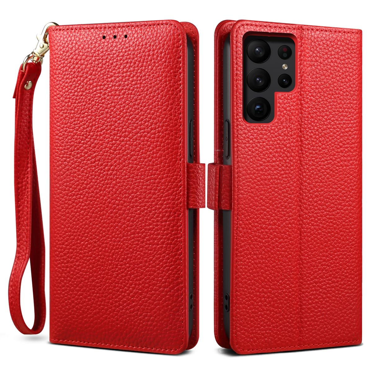 【2023 新登場! 高級シュリンクカーフレザー】Galaxy S23 Ultra ケース 手帳型 本革 牛革 カード収納 サイドマグネット式 横置きスタンド機能付き 上下にストラップホール付き ストラップ付 ギャ