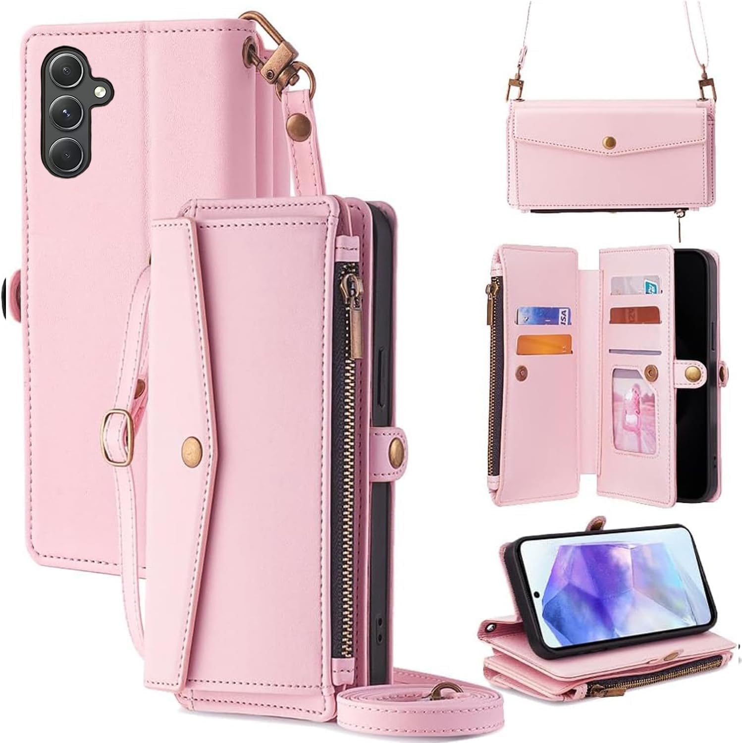 For Galaxy S25 ケース 財布型 For ギャラクシーS25 SC-51F/SCG31 手帳型 ショルダー ストラップ長+短2本 5枚カード収納 1枚の写真収納スタンド機能 1枚の現金収納 1つのジッパーポケット 防落・防コケ