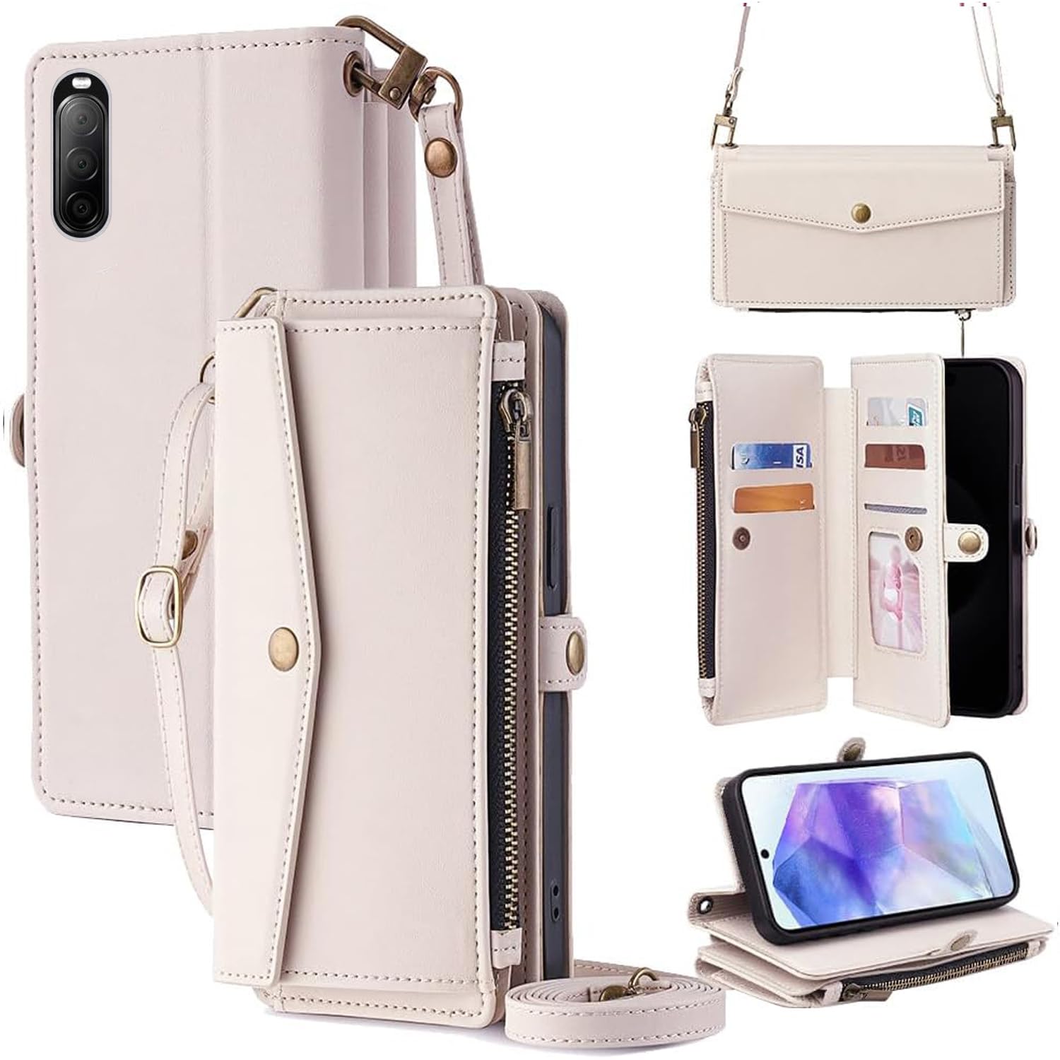 For Xperia 10 II ケース 財布型 For エクスペリア10 ii SO-41A/SOV43 手帳型 ショルダー ストラップ長+短2本 5枚カード収納 1枚の写真収納スタンド機能 1枚の現金収納 1つのジッパーポケット 防落・防