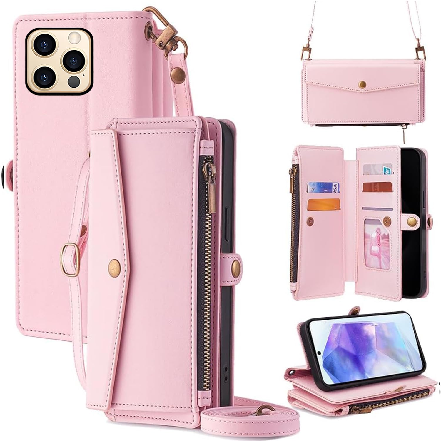 For iPhone 13 Pro ケース 財布型 For アイフォン13 プロ 手帳型 ショルダー ストラップ長+短2本 5枚カード収納 1枚の写真収納スタンド機能 1枚の現金収納 1つのジッパーポケット 防落・防コケ・防