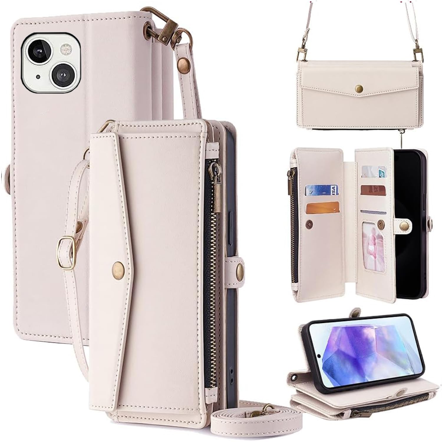 For iPhone 15 ケース 財布型 For アイフォン15 手帳型 ショルダー ストラップ長+短2本 5枚カード収納 1枚の写真収納スタンド機能 1枚の現金収納 1つのジッパーポケット 防落・防コケ・防ひび PUレ