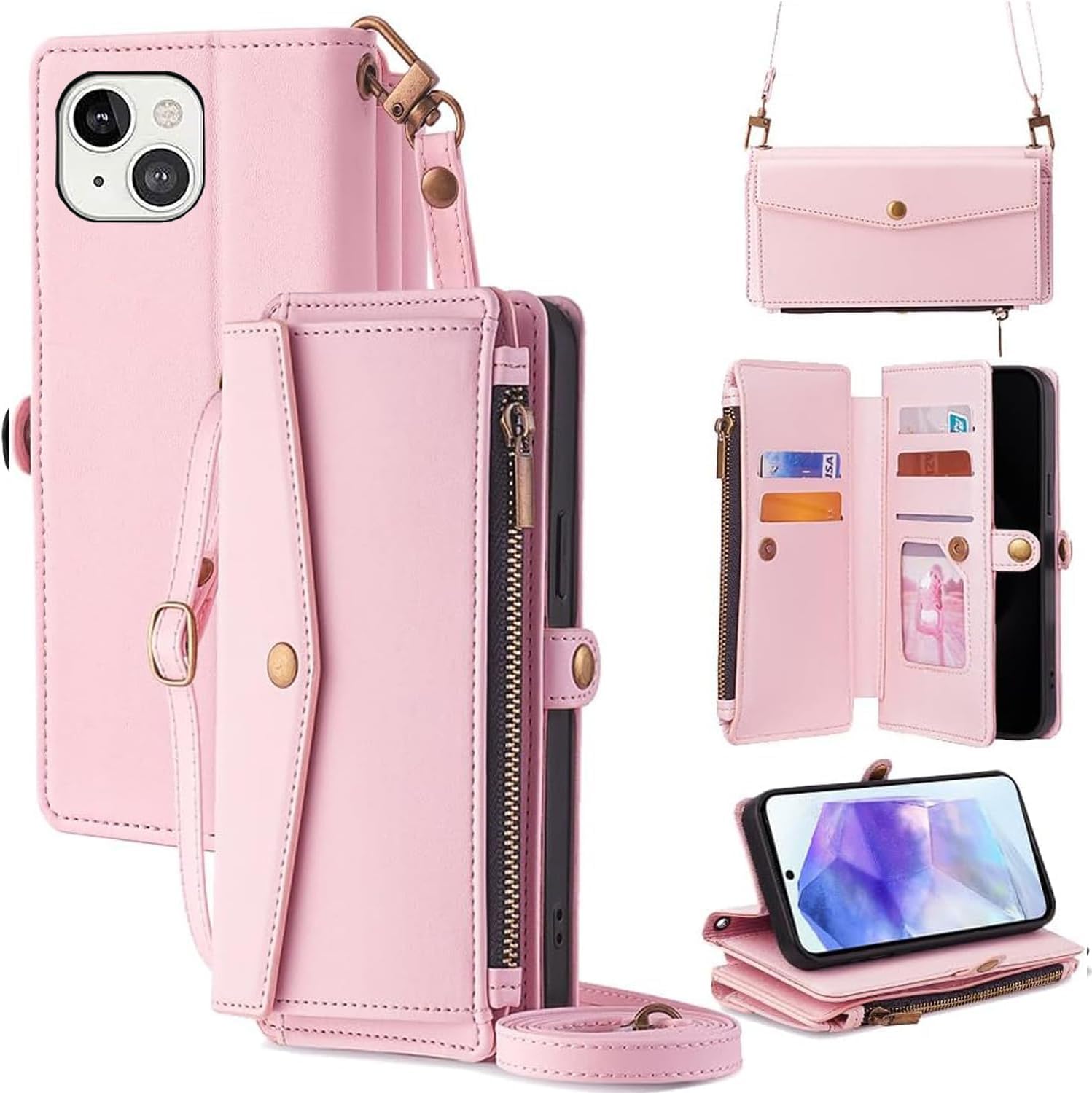 For iPhone 14 ケース 財布型 For アイフォン14 手帳型 ショルダー ストラップ長+短2本 5枚カード収納 1枚の写真収納スタンド機能 1枚の現金収納 1つのジッパーポケット 防落・防コケ・防ひび PUレ