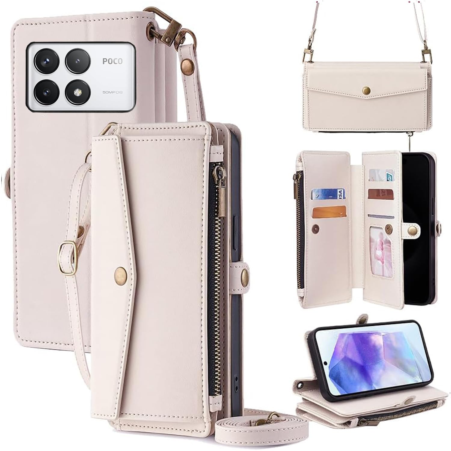 For Xiaomi POCO F6 Pro ケース 財布型 For シャオミ POCO F6 プロ 手帳型 ショルダー ストラップ長+短2本 5枚カード収納 1枚の写真収納スタンド機能 1枚の現金収納 1つのジッパーポケット 防落・防コ