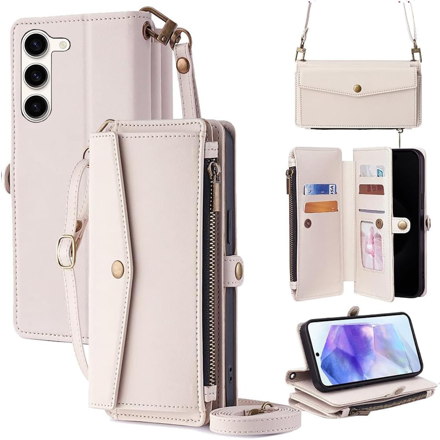 For Galaxy S23 ケース 財布型 For ギャラクシーS23 SC-51D/SCG19 手帳型 ショルダー ストラップ長+短2本 5枚カード収納 1枚の写真収納スタンド機能 1枚の現金収納 1つのジッパーポケット 防落・防コケ