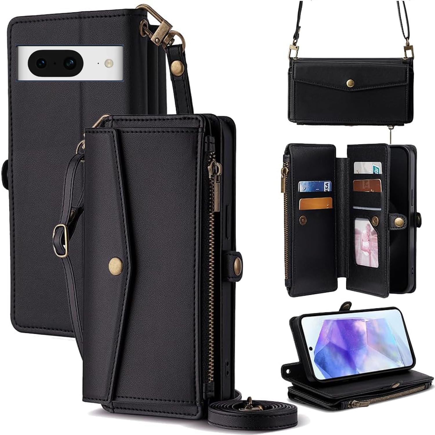 For Google Pixel 8A ケース 財布型 For グーグル ピクセル 8A 手帳型 ショルダー ストラップ長+短2本 5枚カード収納 1枚の写真収納スタンド機能 1枚の現金収納 1つのジッパーポケット 防落・防コケ