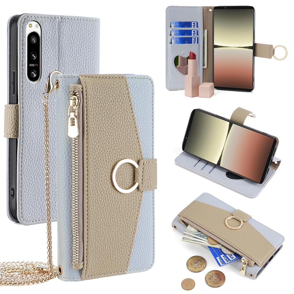 For Xperia 5 IV ケース 手帳型 ショルダー For エクスぺリア 5 IV SO-54C/SOG09 財布型 カバー 肩掛け 斜めがけ 化粧鏡付き 女性 おしゃれ ロングストラップ ジッパー小銭入れ カード収納 横置き 上質