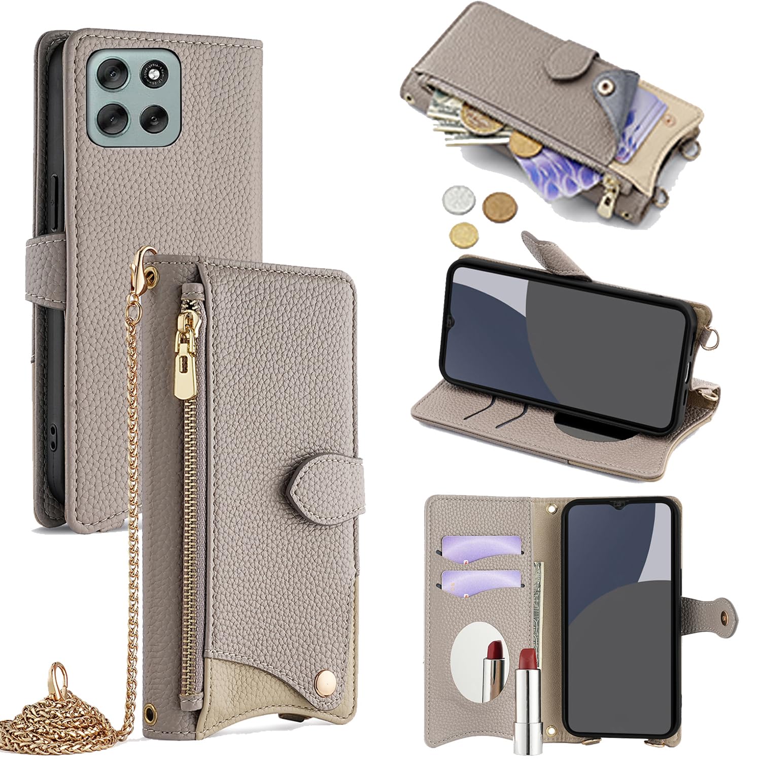 For MOTO G66J 5G/G66Y 5G ケース 手帳型 ショルダー For モトローラg66j/g66y 5g カバー 財布型 肩掛け 横+縦 2掛け方 斜めがけ 化粧鏡付き おしゃれ ジッパー小銭入れ カード収納 横置き ロングストラ