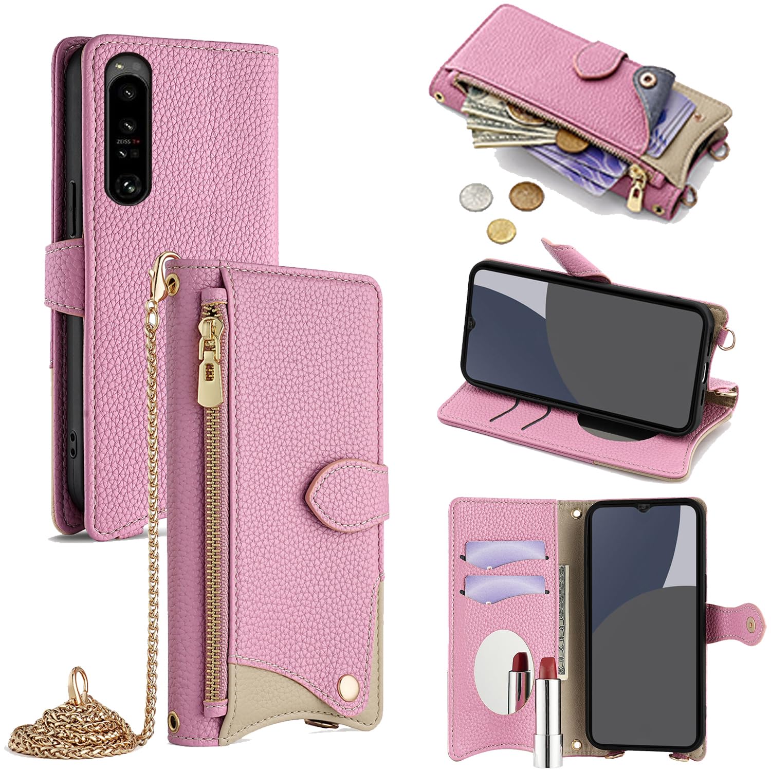 For Xperia 1 IV ケース 手帳型 ショルダー For エクスぺリア 1 IV SO-51C/SOG06 カバー 財布型 肩掛け 横+縦 2掛け方 斜めがけ 化粧鏡付き おしゃれ ジッパー小銭入れ カード収納 横置き ロングストラ