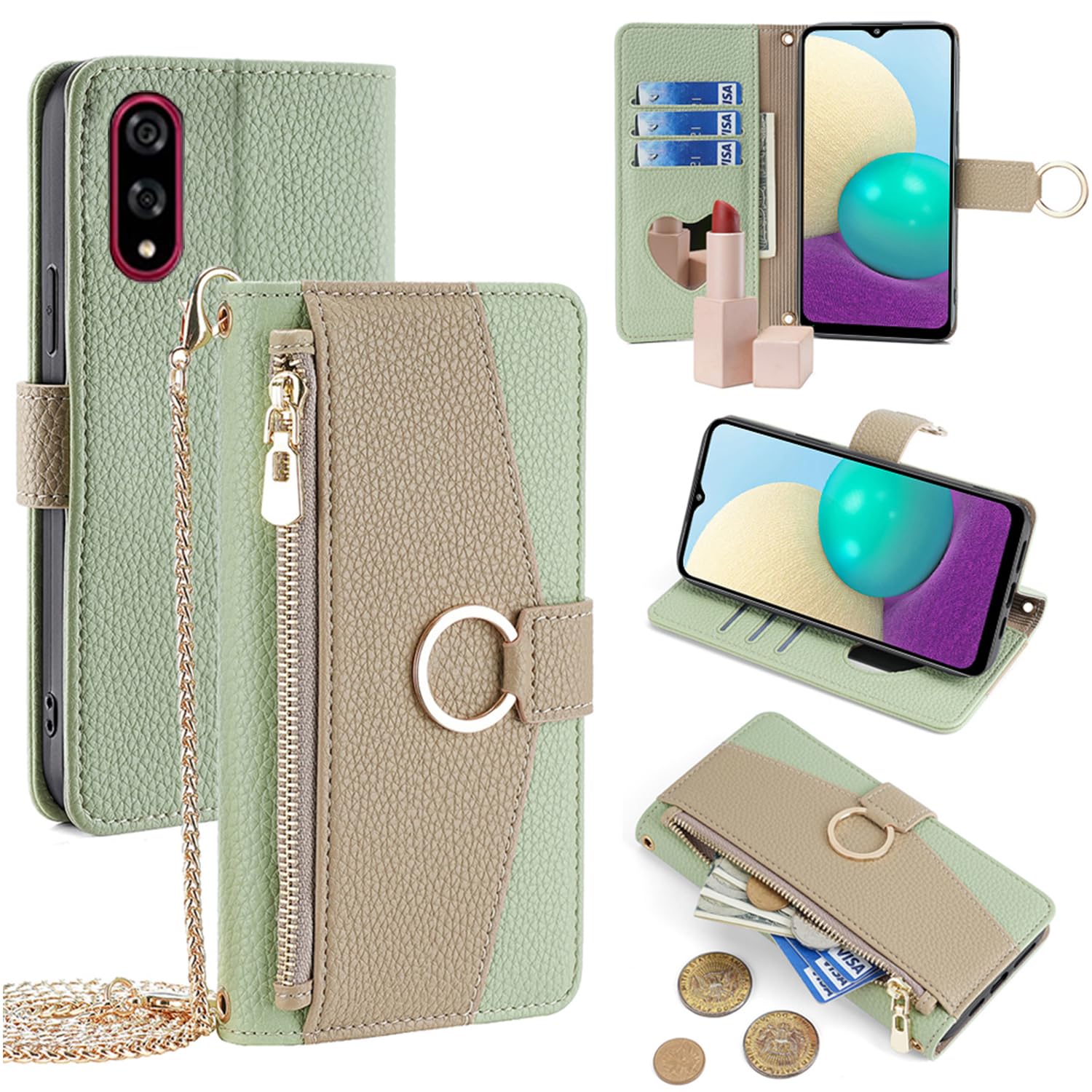For BASIO Active 3 ケース 手帳型 ショルダー For BASIO Active 3 財布型 カバー 肩掛け 斜めがけ 化粧鏡付き 女性 おしゃれ ロングストラップ ジッパー小銭入れ カード収納 横置き 上質な手触り 耐汚