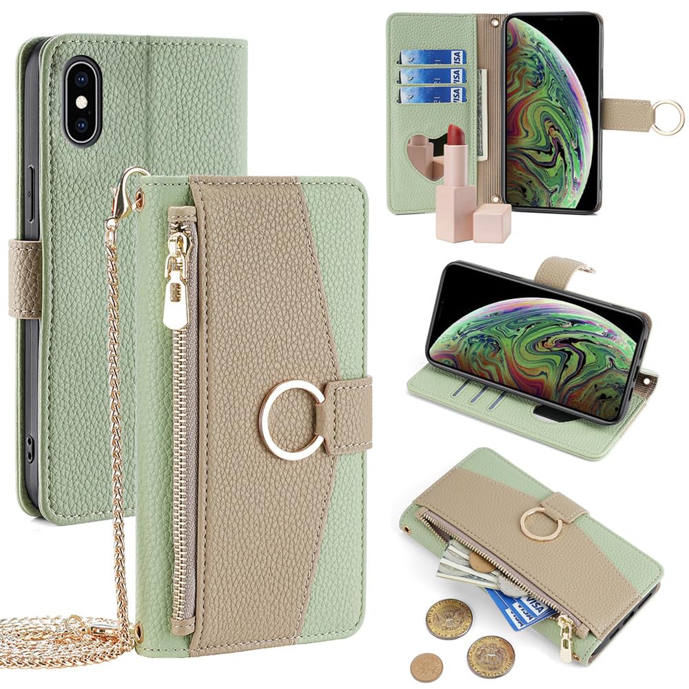For iPhone XS Max ケース 手帳型 ショルダー For アイフォンXS マックス 財布型 カバー 肩掛け 斜めがけ 化粧鏡付き 女性 おしゃれ ロングストラップ ジッパー小銭入れ カード収納 横置き 上質な