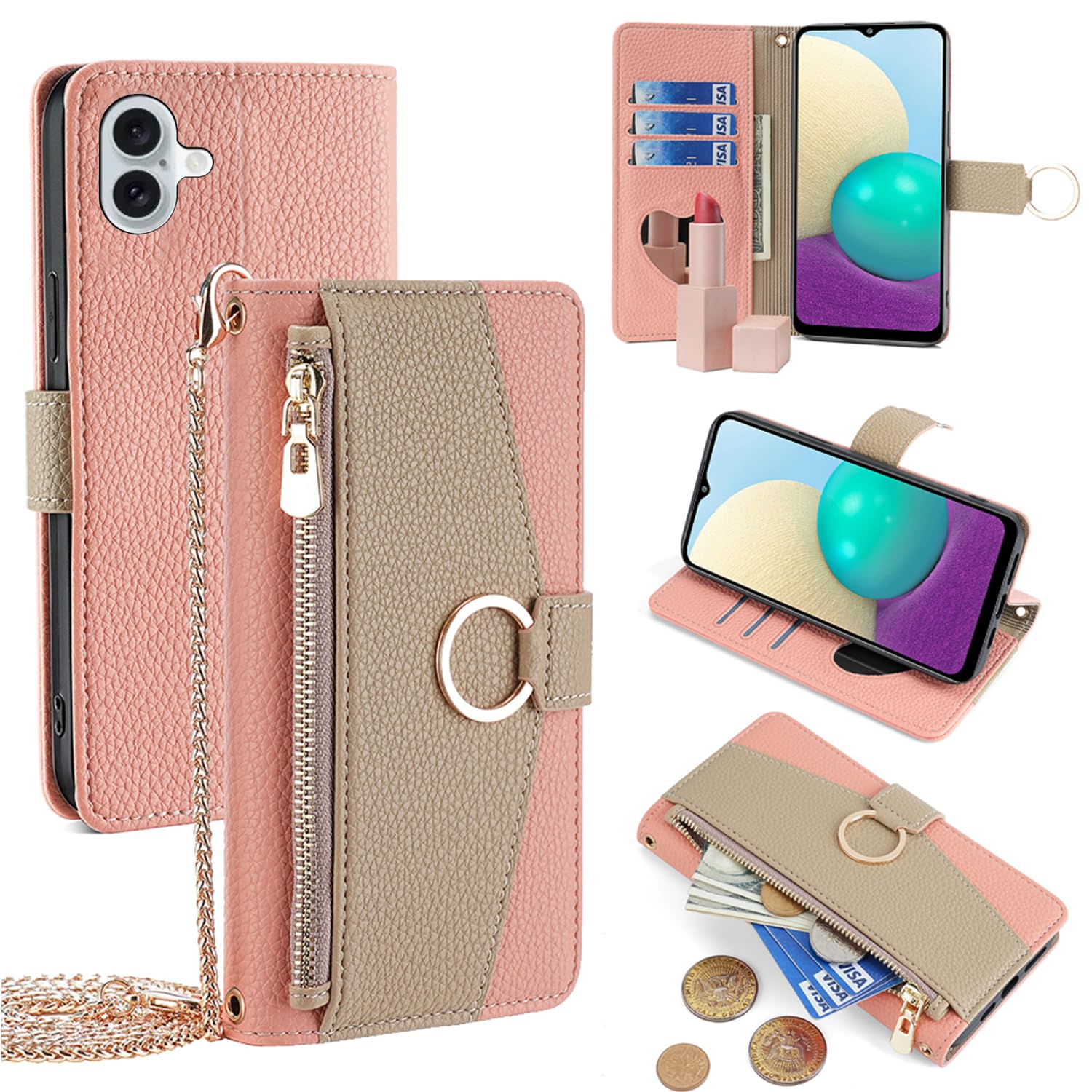 For iPhone 16 Plus ケース 手帳型 ショルダー For アイフォン16 プラス 財布型 カバー 肩掛け 斜めがけ 化粧鏡付き 女性 おしゃれ ロングストラップ ジッパー小銭入れ カード収納 横置き 上質な手