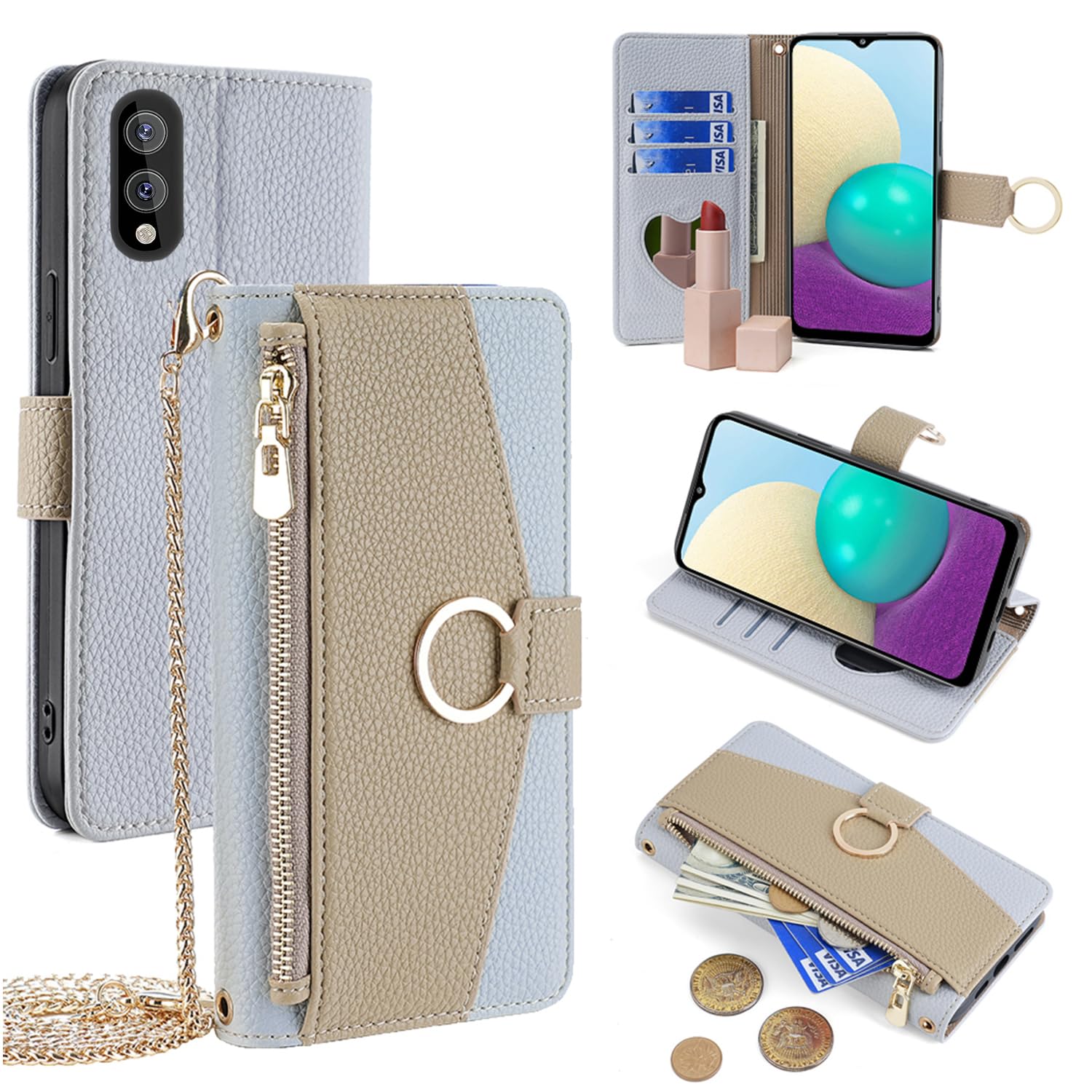 For Hand ケース 手帳型 ショルダー For hand 財布型 カバー 肩掛け 斜めがけ 化粧鏡付き 女性 おしゃれ ロングストラップ ジッパー小銭入れ カード収納 横置き 上質な手触り 耐汚れ気