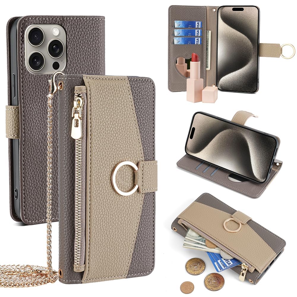 For iPhone 16 Pro Max ケース 手帳型 ショルダー For アイフォン16 プロ マック 財布型 カバー 肩掛け 斜めがけ 化粧鏡付き 女性 おしゃれ ロングストラップ ジッパー小銭入れ カード収納 横置き 上 4,920円