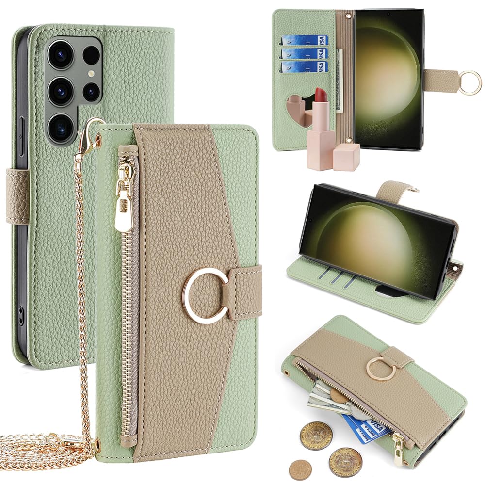 For Galaxy S23 Ultra ケース 手帳型 ショルダー For ギャラクシー S23 ウルトラ SC-52D/SCG20 財布型 カバー 肩掛け 斜めがけ 化粧鏡付き 女性 おしゃれ ロングストラップ ジッパー小銭入れ カード収納