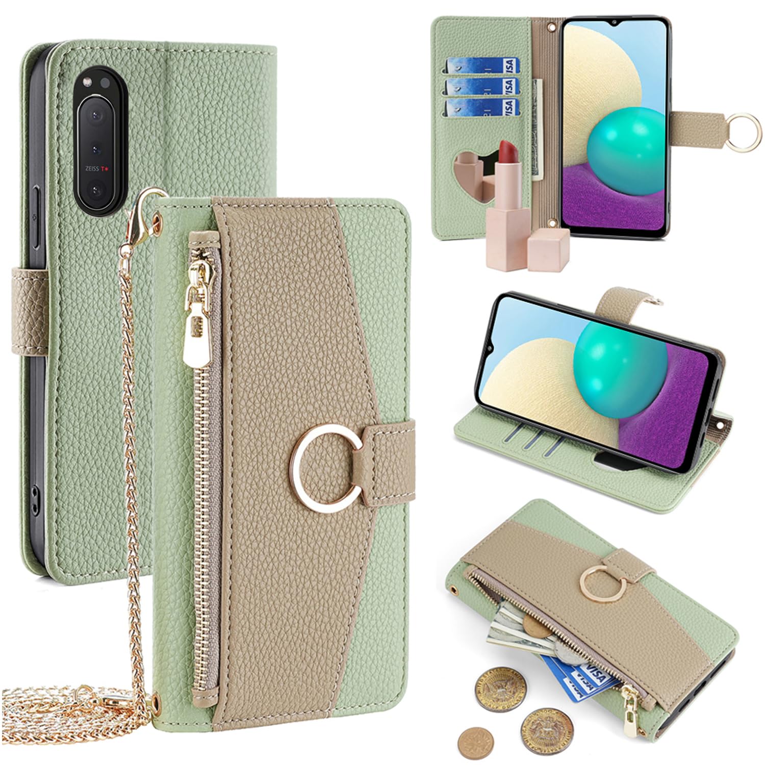 For Xperia 5 II ケース 手帳型 ショルダー For エクスペリア5 ii SOG02/SO-52A/A002SO/XQ-AS42 財布型 カバー 肩掛け 斜めがけ 化粧鏡付き 女性 おしゃれ ロングストラップ ジッパー小銭入れ カード収納 横