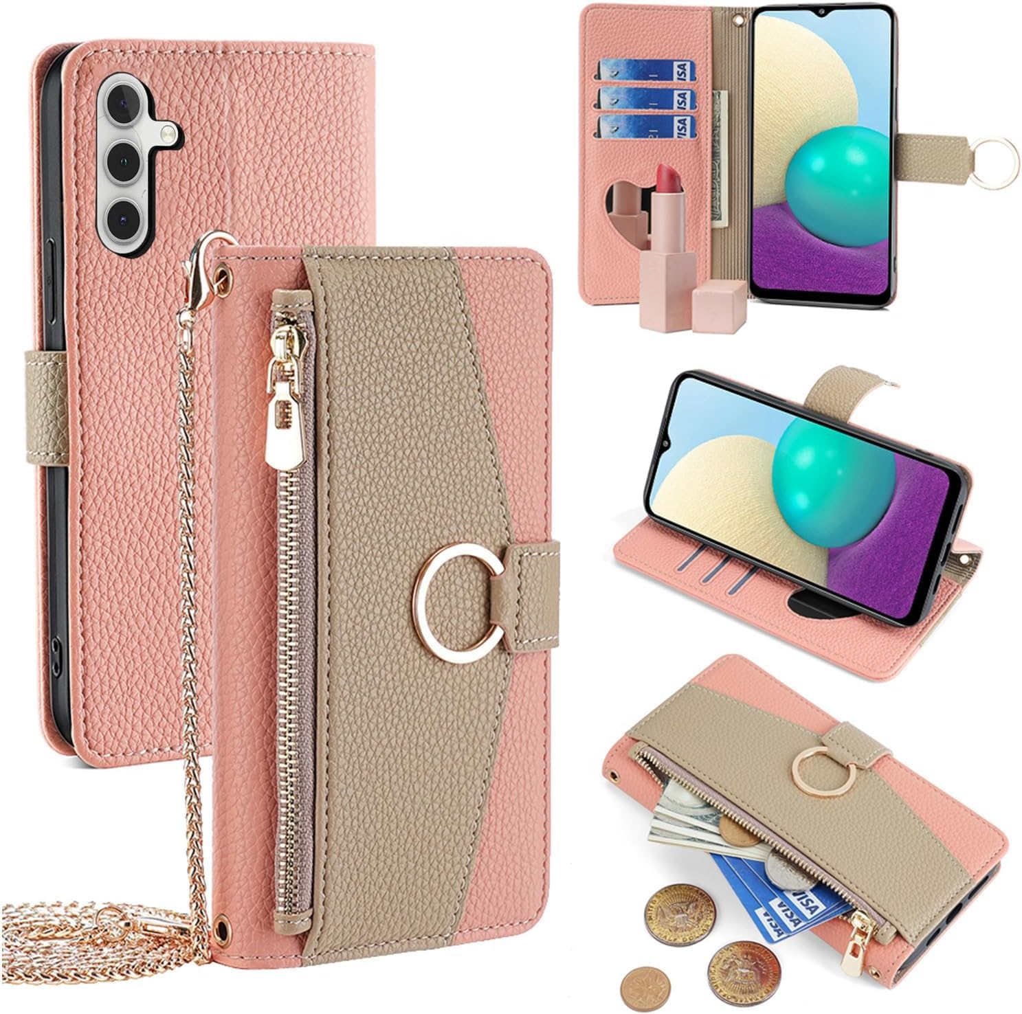 For Galaxy A56 5G ケース 手帳型 ショルダー For ギャラクシーA36 SC-54F/SCG34 財布型 カバー 肩掛け 斜めがけ 化粧鏡付き 女性 おしゃれ ロングストラップ ジッパー小銭入れ カード収納 横置き 上質