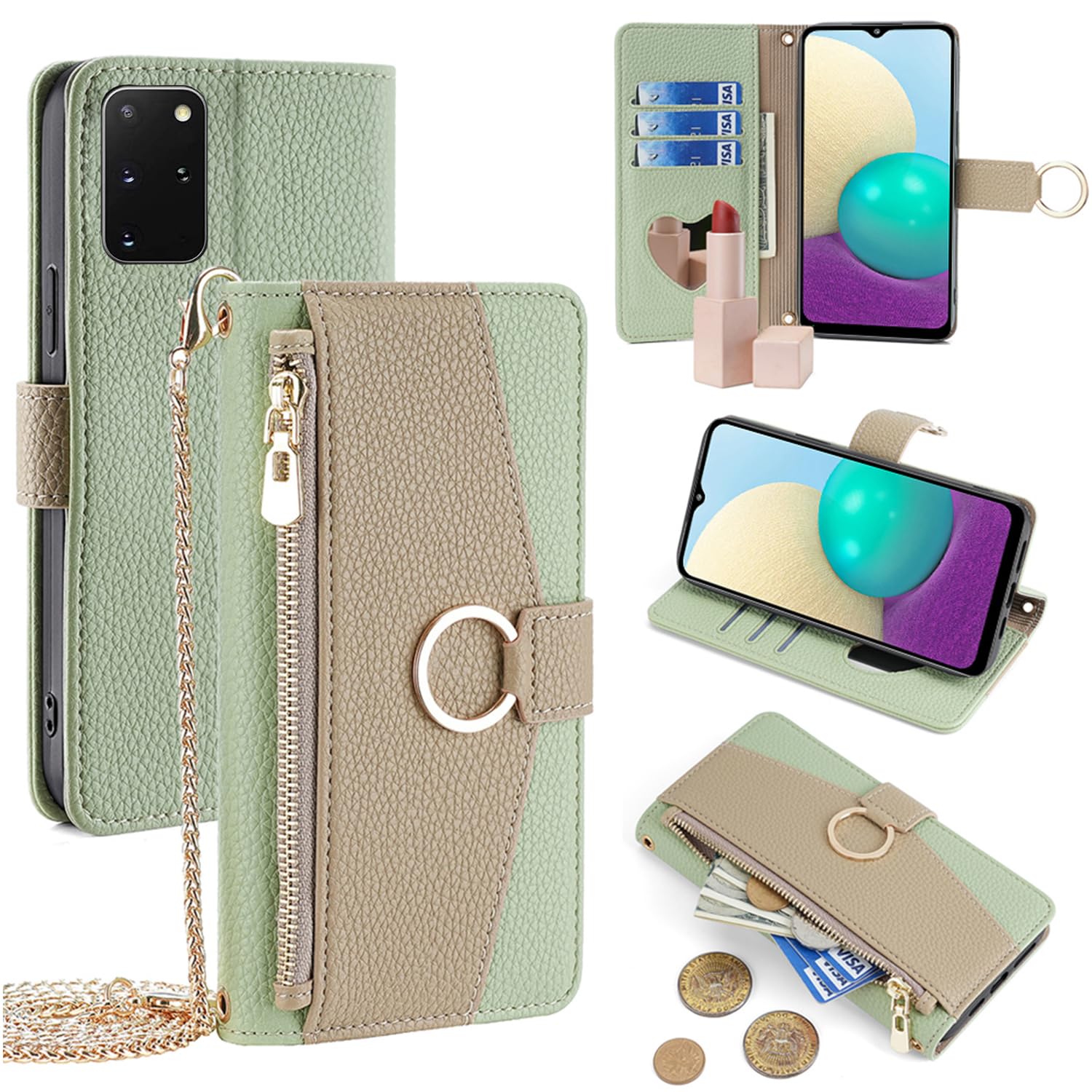 For Galaxy S20 Plus ケース 手帳型 ショルダー For ギャラクシーS20 プラス SC-52A/SCG02 財布型 カバー 肩掛け 斜めがけ 化粧鏡付き 女性 おしゃれ ロングストラップ ジッパー小銭入れ カード収納 横