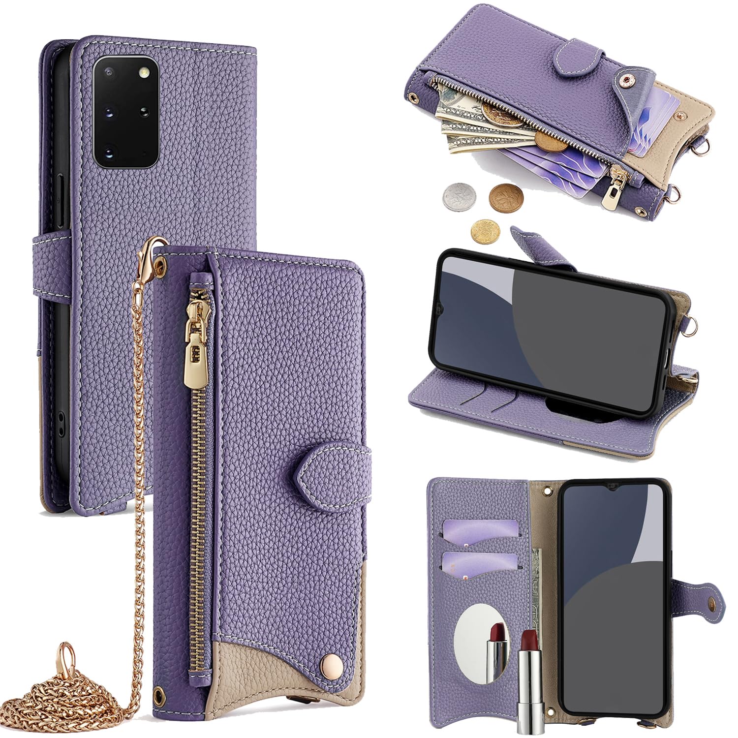 For Galaxy S20 ケース 手帳型 ショルダー For ギャラクシーS20 SC-51A/SCG01 カバー 財布型 肩掛け 横+縦 2掛け方 斜めがけ 化粧鏡付き おしゃれ ジッパー小銭入れ カード収納 横置き ロングストラッ