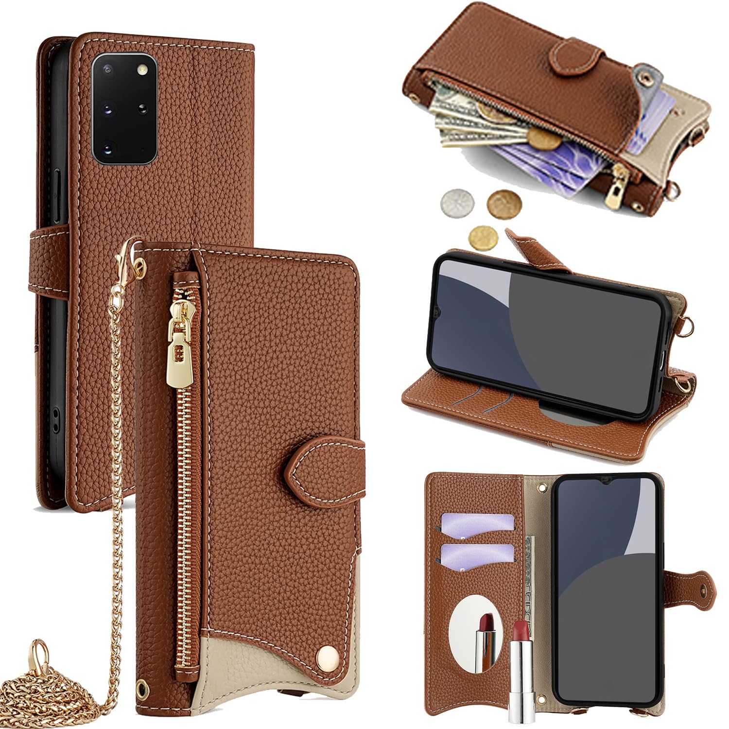 For Galaxy S20 Plus ケース 手帳型 ショルダー For ギャラクシーS20 プラス SC-52A/SCG02 カバー 財布型 肩掛け 横+縦 2掛け方 斜めがけ 化粧鏡付き おしゃれ ジッパー小銭入れ カード収納 横置き ロン