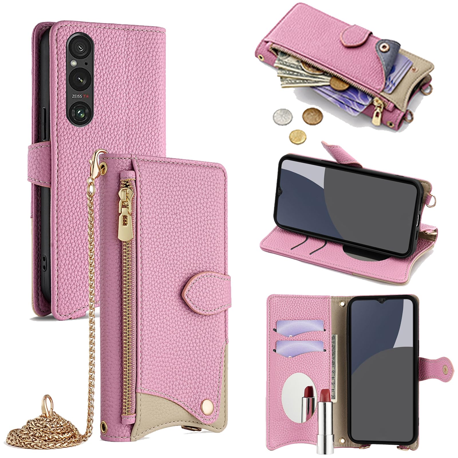 For Xperia 1 V ケース 手帳型 ショルダー For エクスペリア1V SOG10/SO-51D カバー 財布型 肩掛け 横+縦 2掛け方 斜めがけ 化粧鏡付き おしゃれ ジッパー小銭入れ カード収納 横置き ロングストラップ