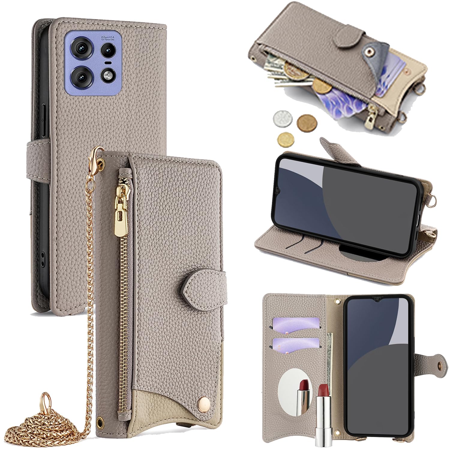 For Motorola Edge 50s Pro ケース 手帳型 ショルダー For モトローラ エッジ50sプロ カバー 財布型 肩掛け 横+縦 2掛け方 斜めがけ 化粧鏡付き おしゃれ ジッパー小銭入れ カード収納 横置き ロングス