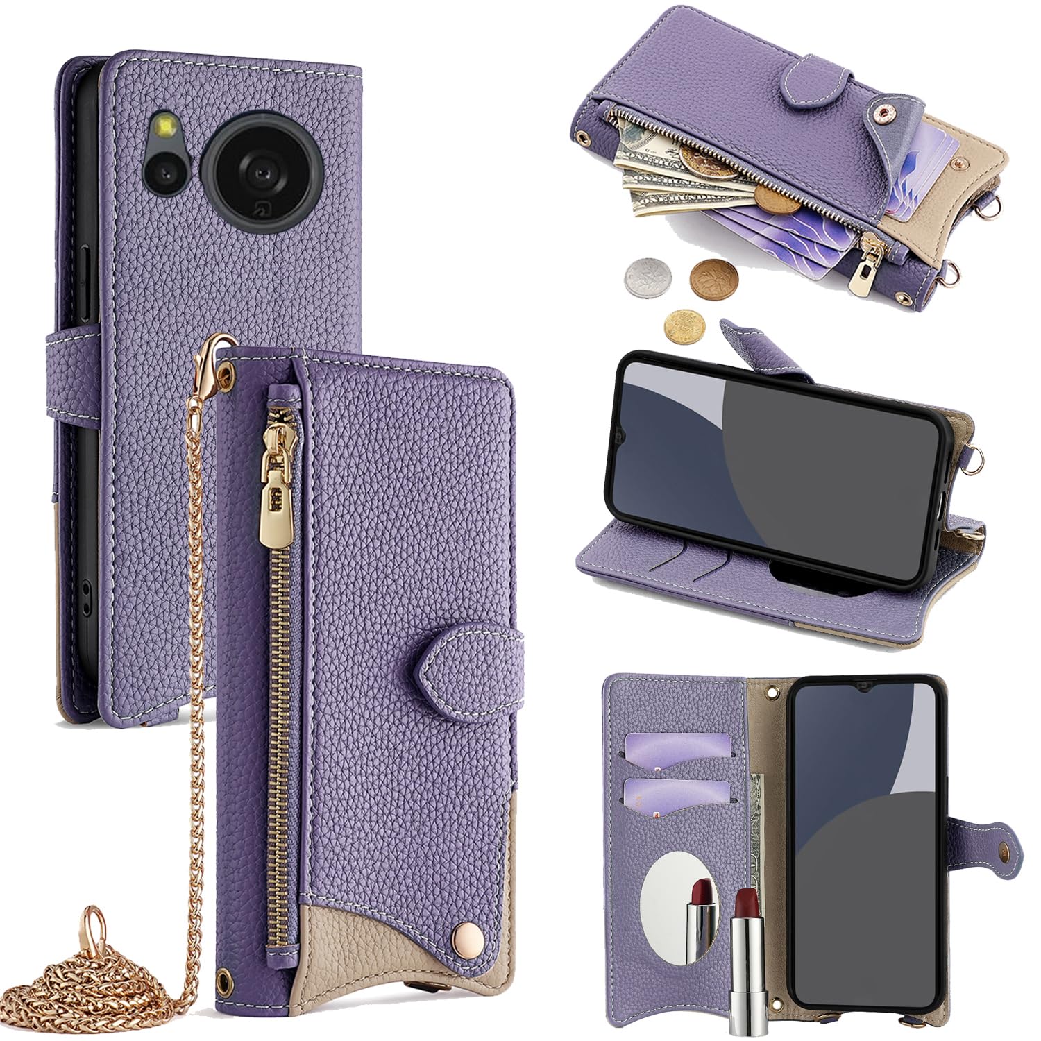 For AQUOS Sense 8 ケース 手帳型 ショルダー For アクオス センス8 SH-54D/SHG11 カバー 財布型 肩掛け 横+縦 2掛け方 斜めがけ 化粧鏡付き おしゃれ ジッパー小銭入れ カード収納 横置き ロングストラ