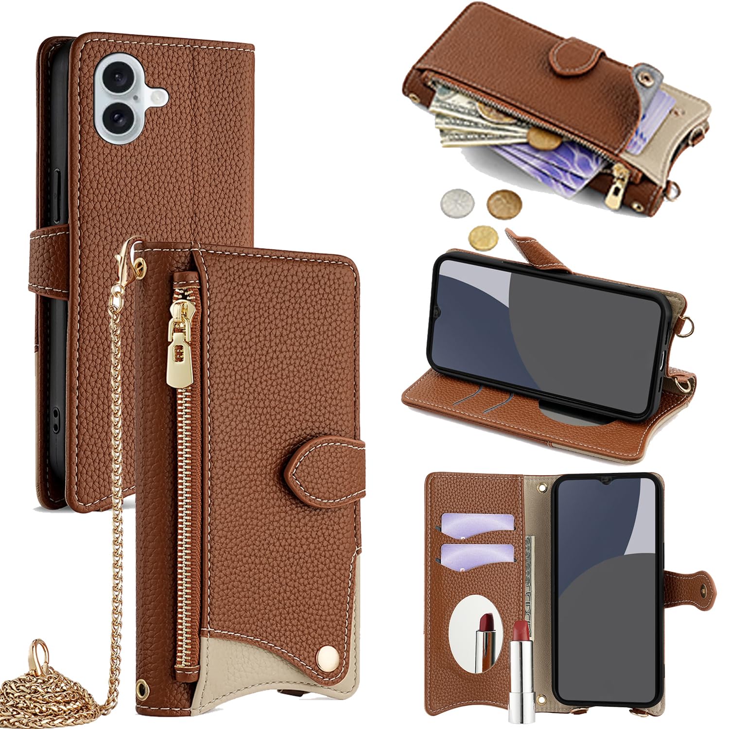 For iPhone 16 ケース 手帳型 ショルダー For アイフォン16 カバー 財布型 肩掛け 横+縦 2掛け方 斜めがけ 化粧鏡付き おしゃれ ジッパー小銭入れ カード収納 横置き ロングストラップ 耐汚れ PUレ
