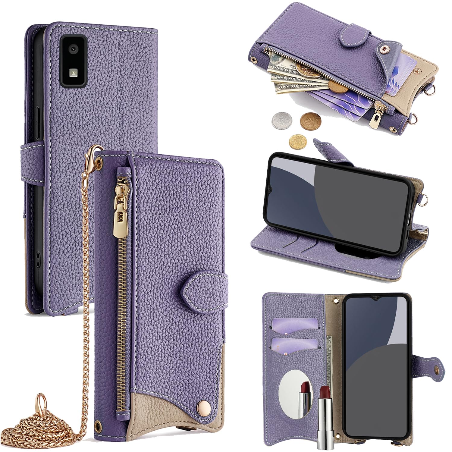 For AQUOS wish3 ケース 手帳型 ショルダー For アクオスwish3 SH-53D/A302SH カバー 財布型 肩掛け 横+縦 2掛け方 斜めがけ 化粧鏡付き おしゃれ ジッパー小銭入れ カード収納 横置き ロングストラップ