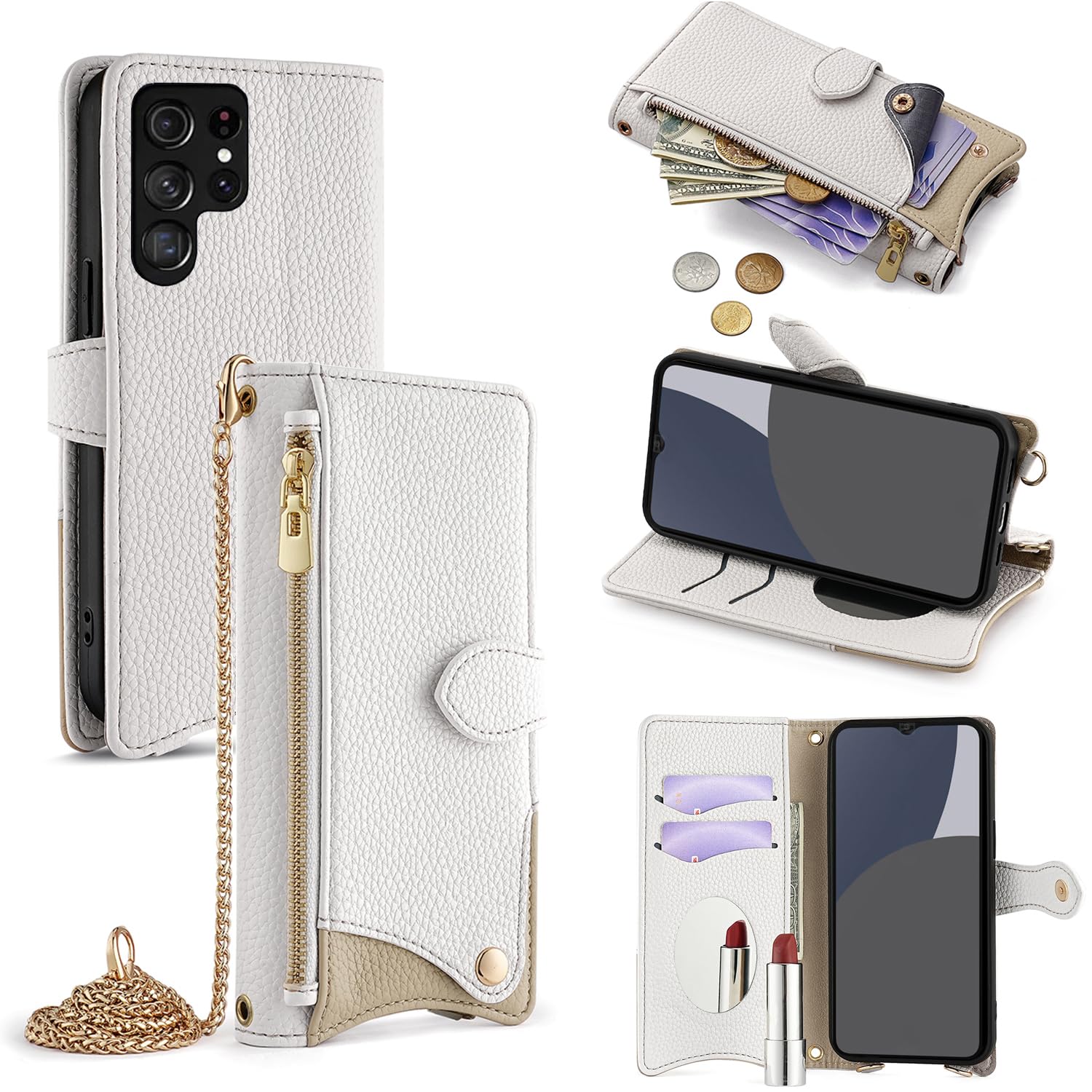 For Galaxy S22 Ultra ケース 手帳型 ショルダー For ギャラクシー S22 Ultra SC-52C/SCG14 カバー 財布型 肩掛け 横+縦 2掛け方 斜めがけ 化粧鏡付き おしゃれ ジッパー小銭入れ カード収納 横置き ロング