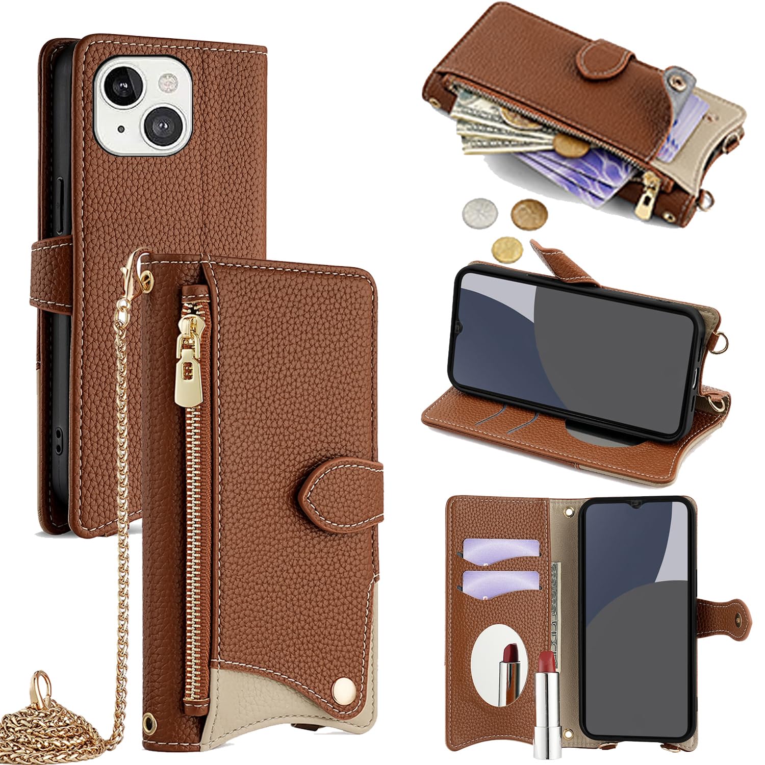 For iPhone 14 ケース 手帳型 ショルダー For アイフォン14 カバー 財布型 肩掛け 横+縦 2掛け方 斜めがけ 化粧鏡付き おしゃれ ジッパー小銭入れ カード収納 横置き ロングストラップ 耐汚れ PUレ