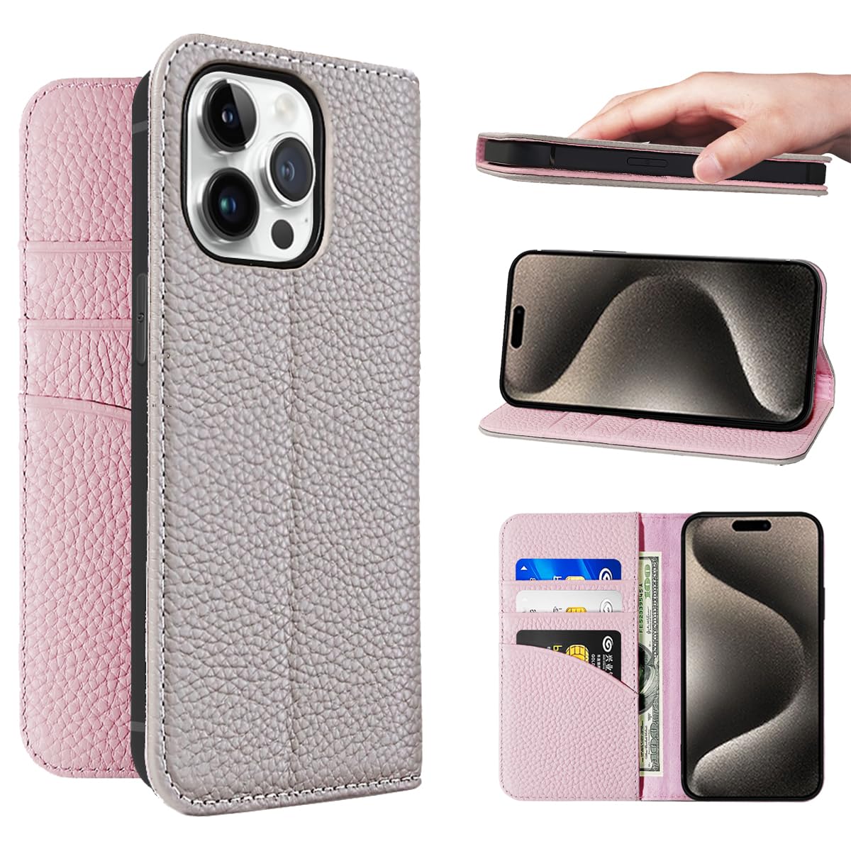 NanHou iPhone 15 Pro Max ケース 本革 手帳型 カバー 耐衝撃 保護 カバー 本革 内蔵マグネッ RFIDト 財布型 携帯カバー カードポケット スタンド機能 - グレー/ピンク｜WES STORE