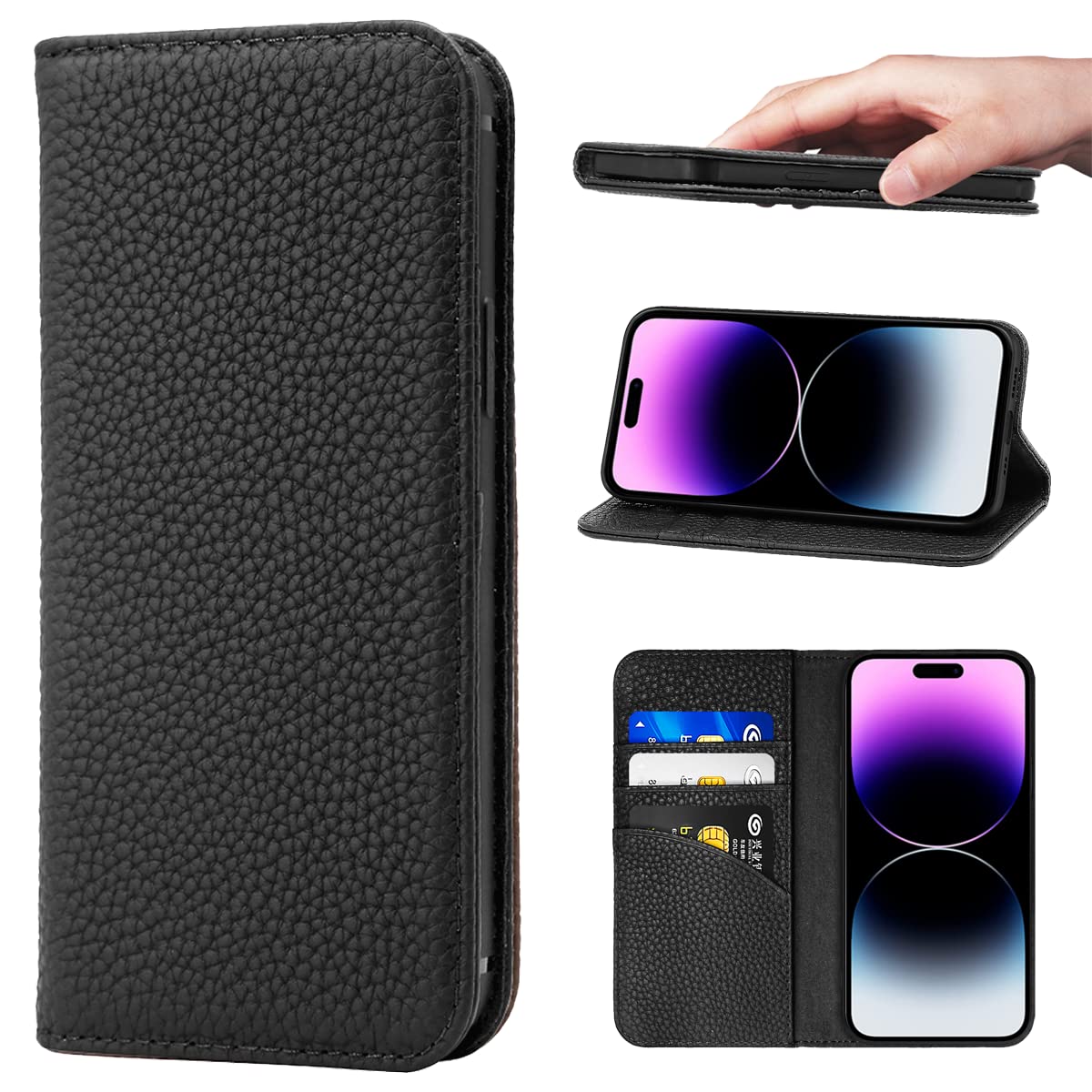 NanHou For適用する iPhone 14 Pro ケース 本革 手帳型 カバー 耐衝撃 保護 カバー 本革 内蔵マグネッ RFIDト 財布型 携帯カバー カードポケット スタンド機能 に適した アイフォン 14 Pro - ﾌﾞﾗｯｸ｜WES STORE