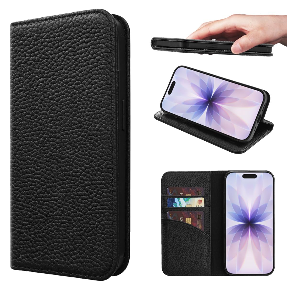 NanHou For iPhone 17 ケース 本革 手帳型 カバー 耐衝撃 保護 カバー 本革 内蔵マグネッ RFIDト 財布型 携帯カバー カードポケット スタンド機能 に適した アイフォン 17 - ブラック|WES STORE
