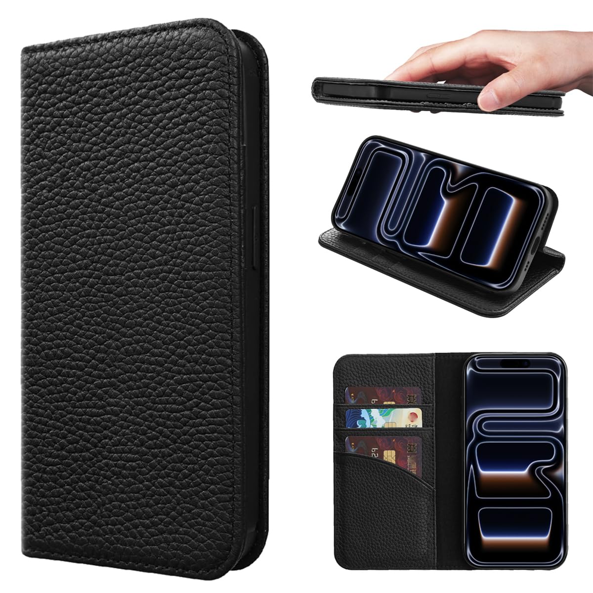 NanHou For iPhone 17 Pro Max ケース 本革 手帳型 カバー 耐衝撃 保護 カバー 本革 内蔵マグネッ RFIDト 財布型 携帯カバー カードポケット スタンド機能 に適した アイフォン 17 Pro Max - ブラック|WES STORE