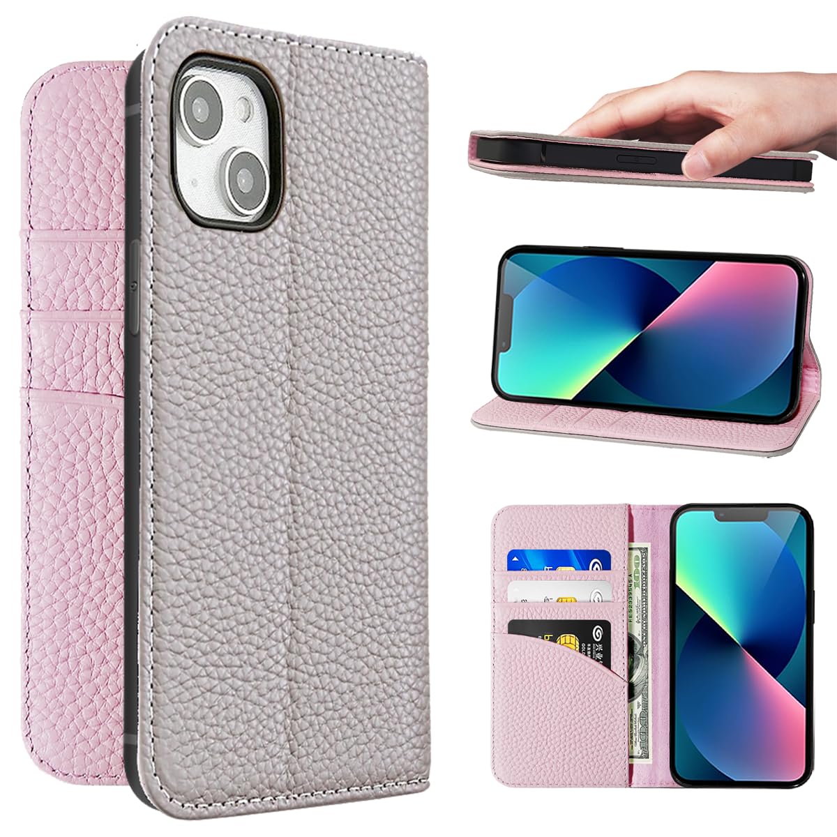 iPhone 13 ケース 手帳型 カバー 本革 耐衝撃 保護 ケース 内蔵マグネッ RFIDト 財布型 携帯カバー カードポケット スタンド機能 NanHou - グレー/ピンク