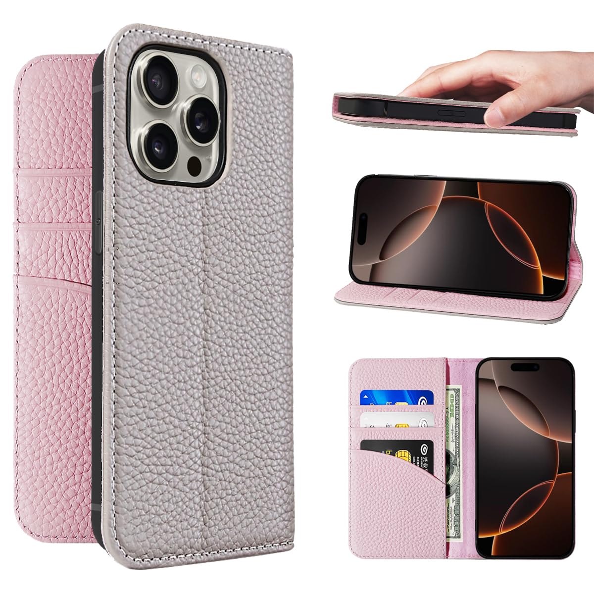 NanHou iPhone 16 Pro Max ケース 本革 手帳型 カバー 耐衝撃 保護 カバー 本革 内蔵マグネッ RFIDト 財布型 携帯カバー カードポケット スタンド機能 - グレー/ピンク