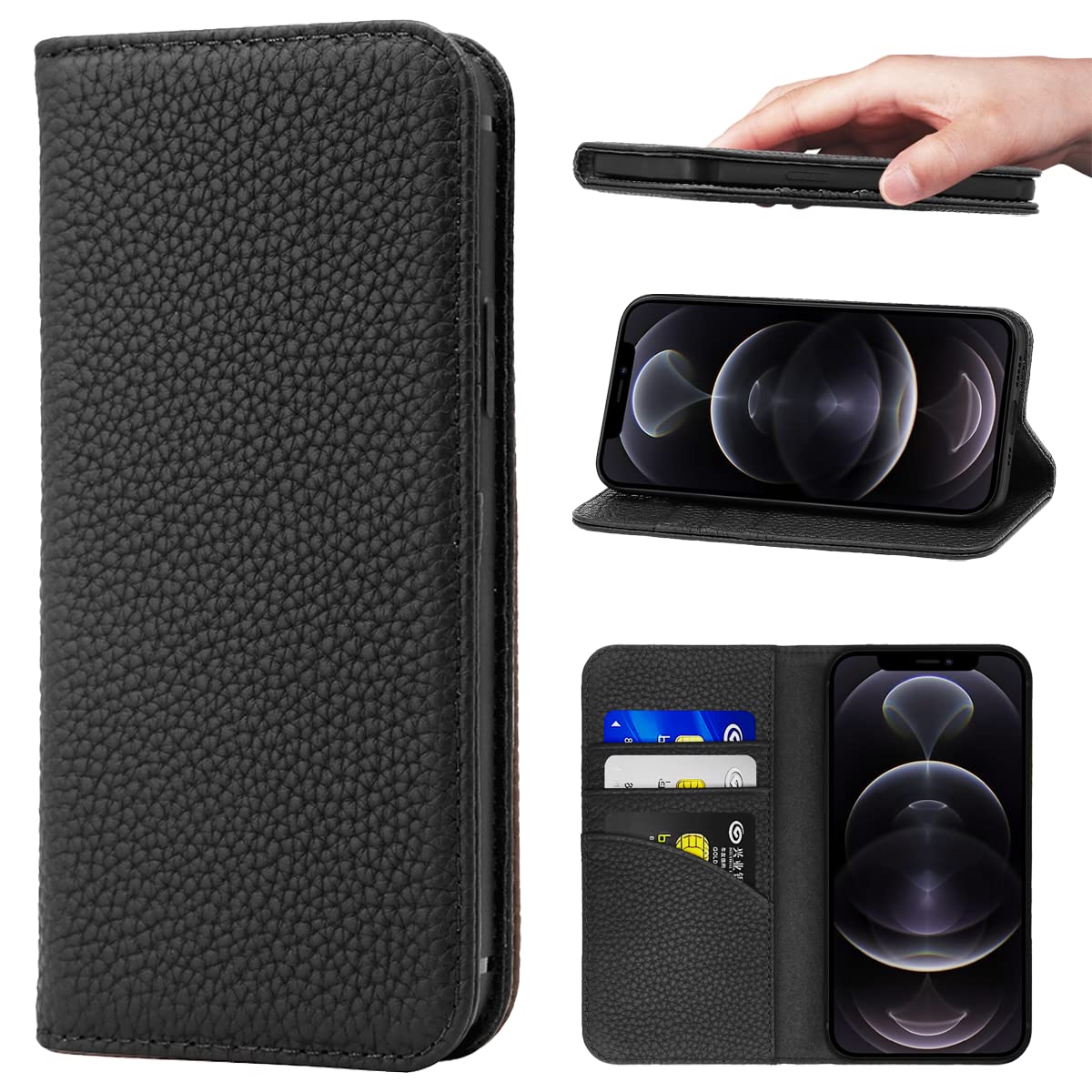 iPhone 12 Pro Max ケース 手帳型 カバー 耐衝撃 保護 本革 カバー 内蔵マグネッ RFIDト 財布型 携帯カバー カードポケット スタンド機能 NanHou - ブラック|WES STORE