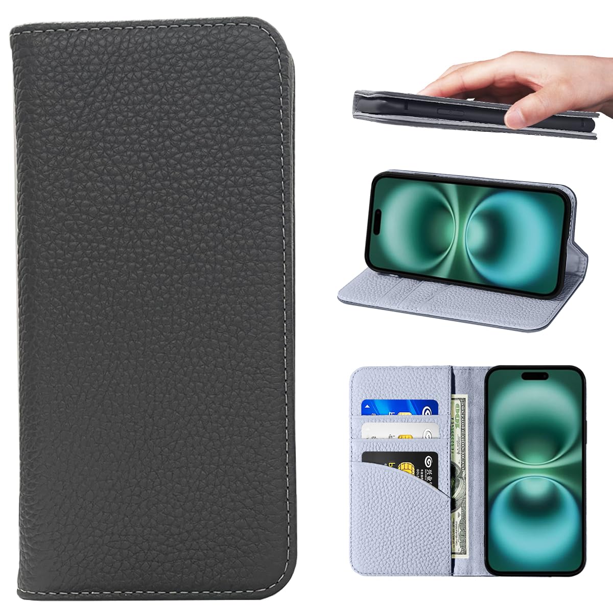 NanHou iPhone 16 Plus ケース 本革 手帳型 カバー 耐衝撃 保護 カバー 本革 内蔵マグネッ RFIDト 財布型 携帯カバー カードポケット スタンド機能 - ダークグレ/ライトグレー|WES STORE