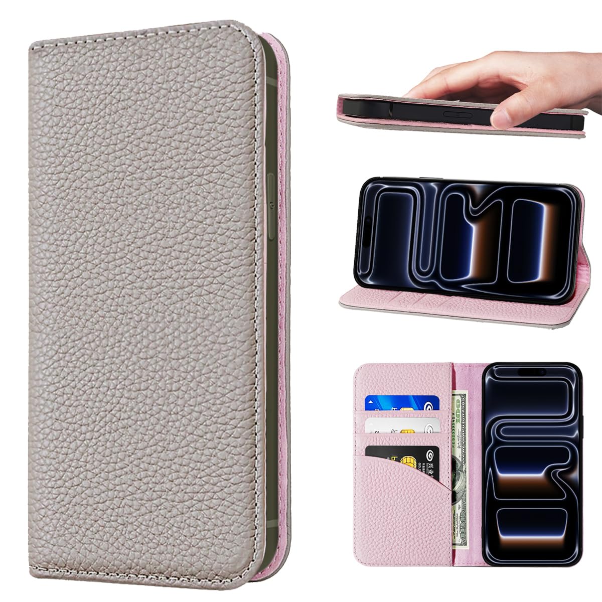 NanHou For iPhone 17 Pro Max ケース 本革 手帳型 カバー 耐衝撃 保護 カバー 本革 内蔵マグネッ RFIDト 財布型 携帯カバー カードポケット スタンド機能 に適した アイフォン 17 Pro Max - グレー/ピンク