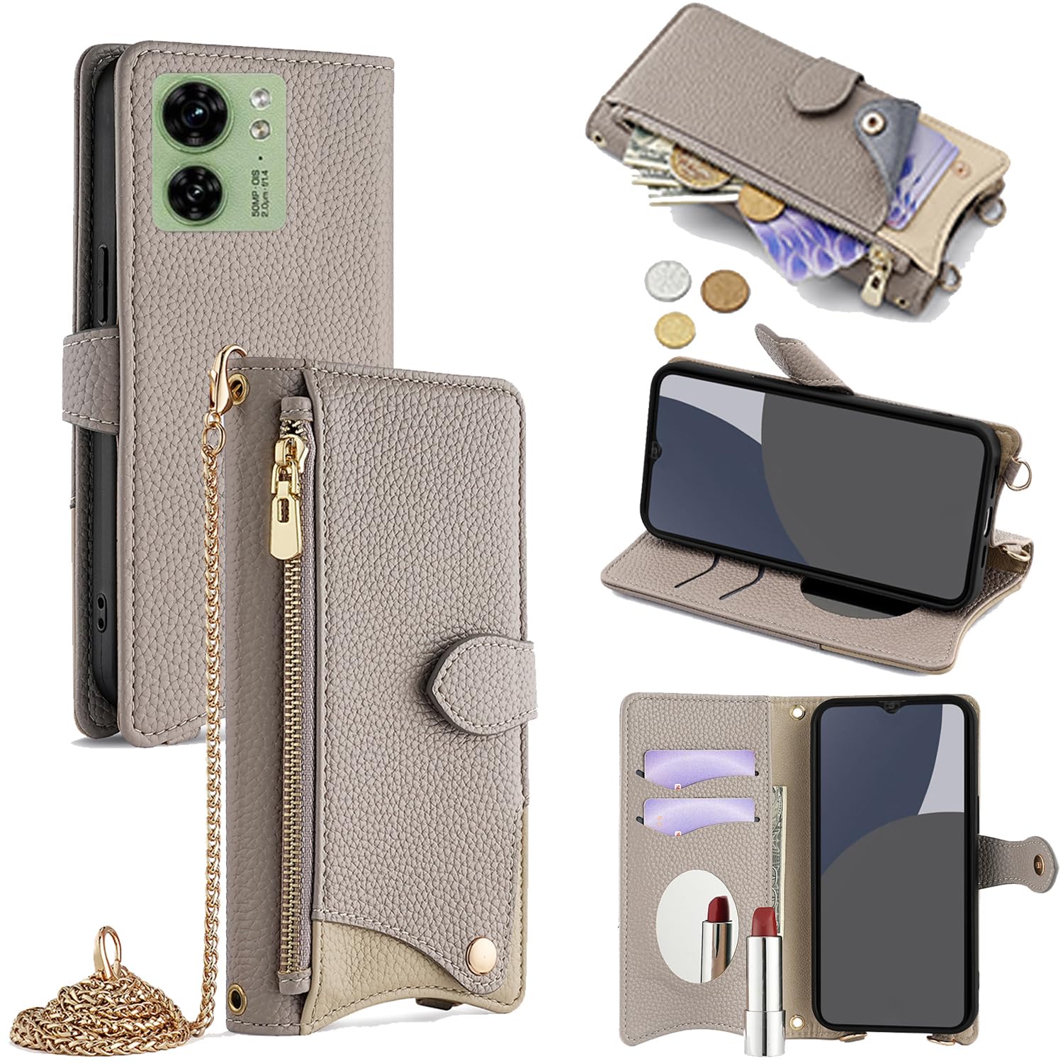For Motorola Edge 40 ケース 手帳型 ショルダー For モトローラ Edge 40 カバー 財布型 肩掛け 横+縦 2掛け方 斜めがけ 化粧鏡付き おしゃれ ジッパー小銭入れ カード収納 横置き ロングストラップ 耐