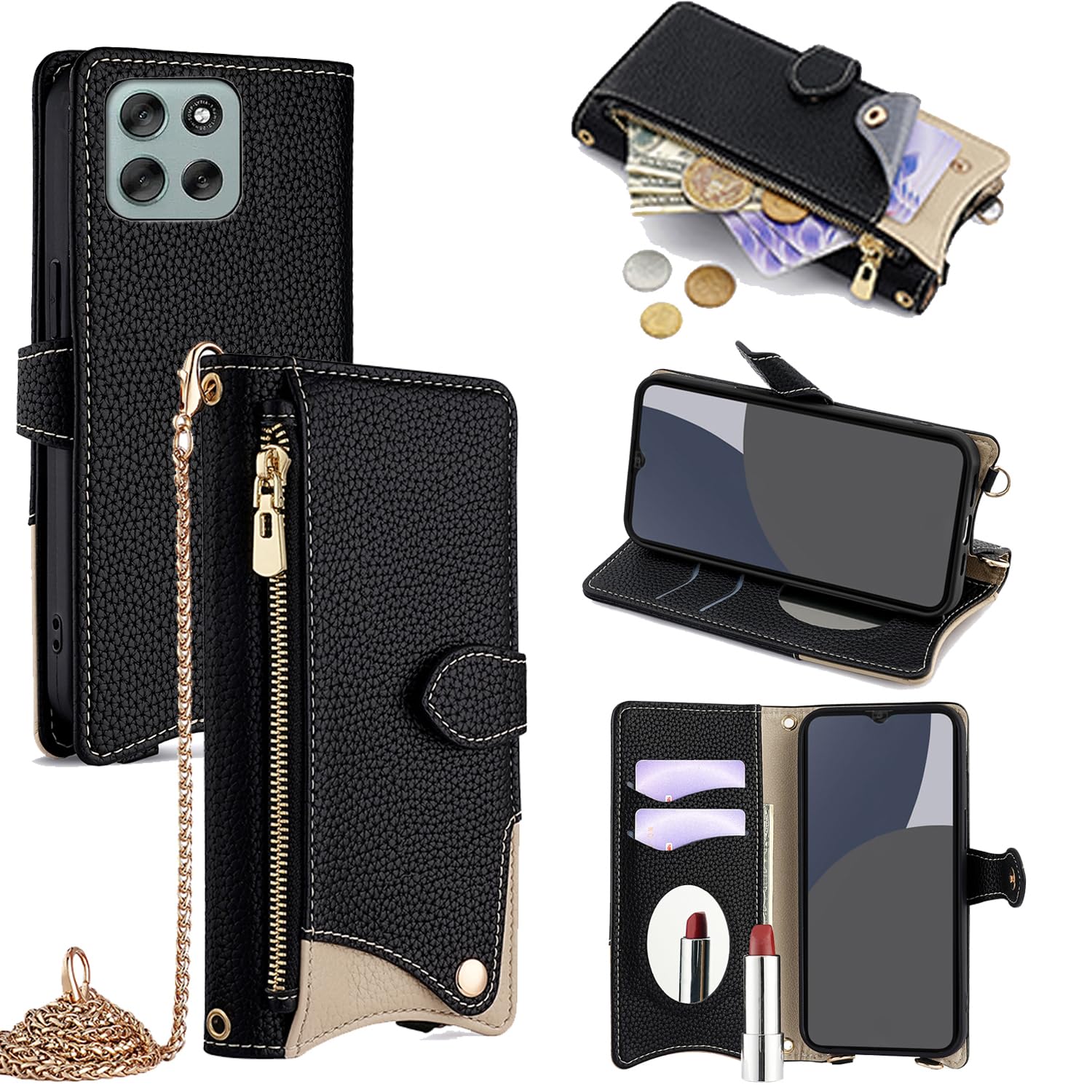 For MOTO G66J 5G/G66Y 5G ケース 手帳型 ショルダー For モトローラg66j/g66y 5g カバー 財布型 肩掛け 横+縦 2掛け方 斜めがけ 化粧鏡付き おしゃれ ジッパー小銭入れ カード収納 横置き ロングストラ