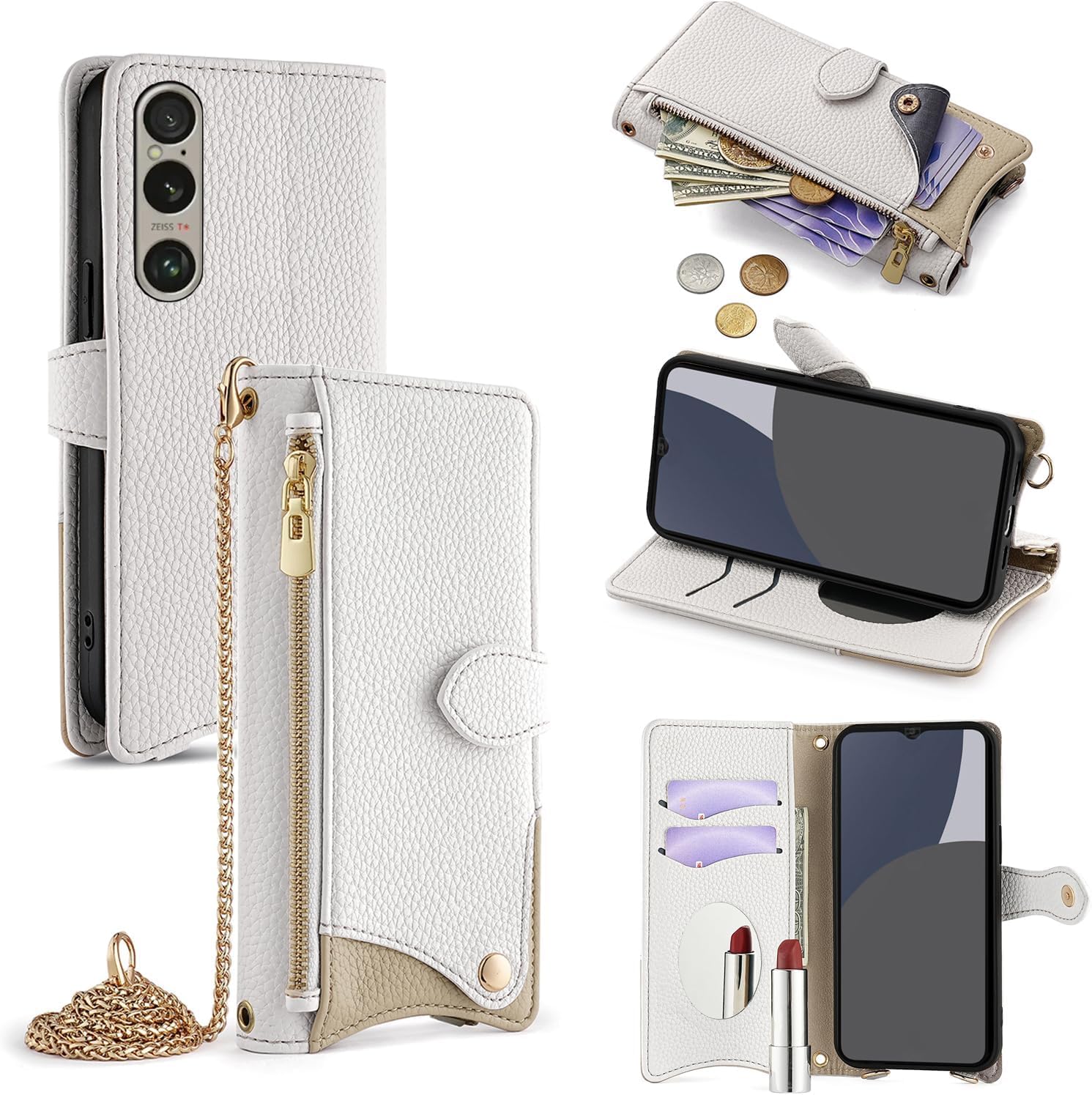 For Xperia 1 VII ケース 手帳型 ショルダー For エクスペリア1 vii マーク7 SO-51F/XQ-FS44/SOG15 カバー 財布型 肩掛け 横+縦 2掛け方 斜めがけ 化粧鏡付き おしゃれ ジッパー小銭入れ カード収納 横置き