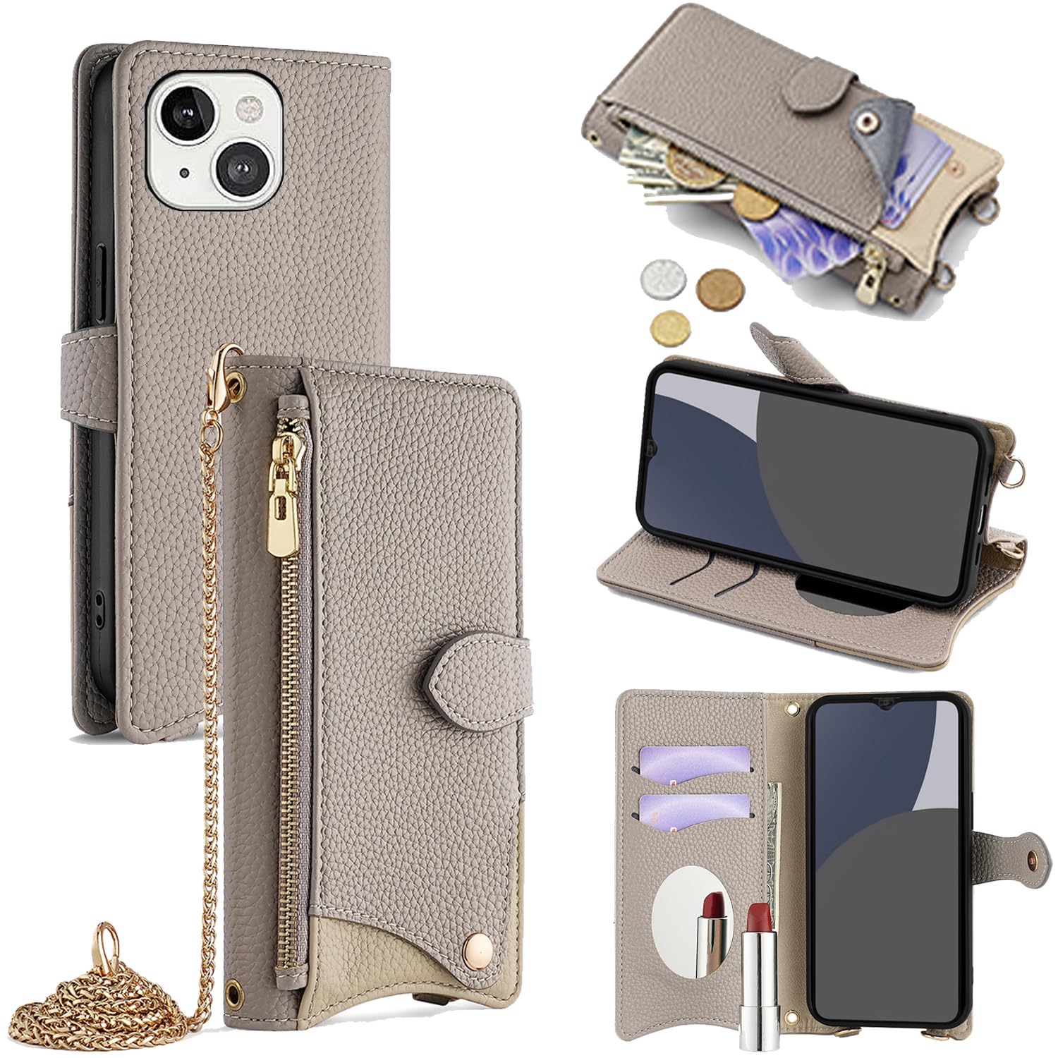 For iPhone 12 Pro/For iPhone 12 ケース 手帳型 ショルダー For アイフォン12 プロ カバー 財布型 肩掛け 横+縦 2掛け方 斜めがけ 化粧鏡付き おしゃれ ジッパー小銭入れ カード収納 横置き ロングスト