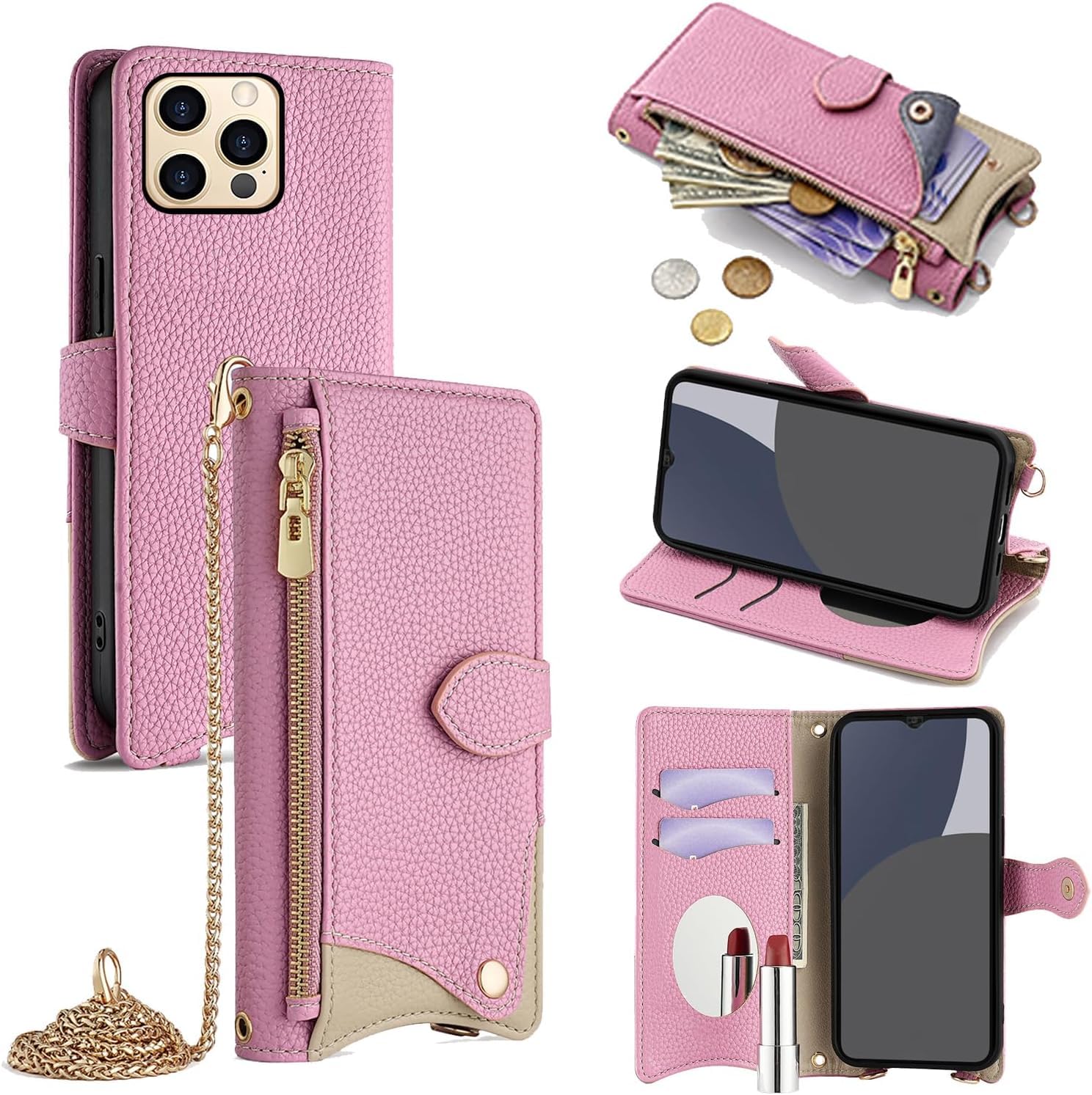 For iPhone 14 Pro Max ケース 手帳型 ショルダー For アイフォン14 プロ マックス カバー 財布型 肩掛け 横+縦 2掛け方 斜めがけ 化粧鏡付き おしゃれ ジッパー小銭入れ カード収納 横置き ロングス